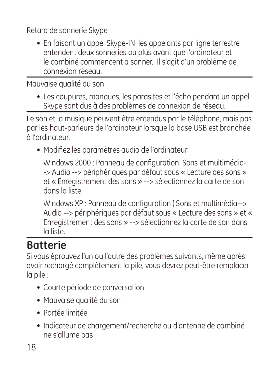 GE 28301 manual Batterie, Retard de sonnerie Skype 