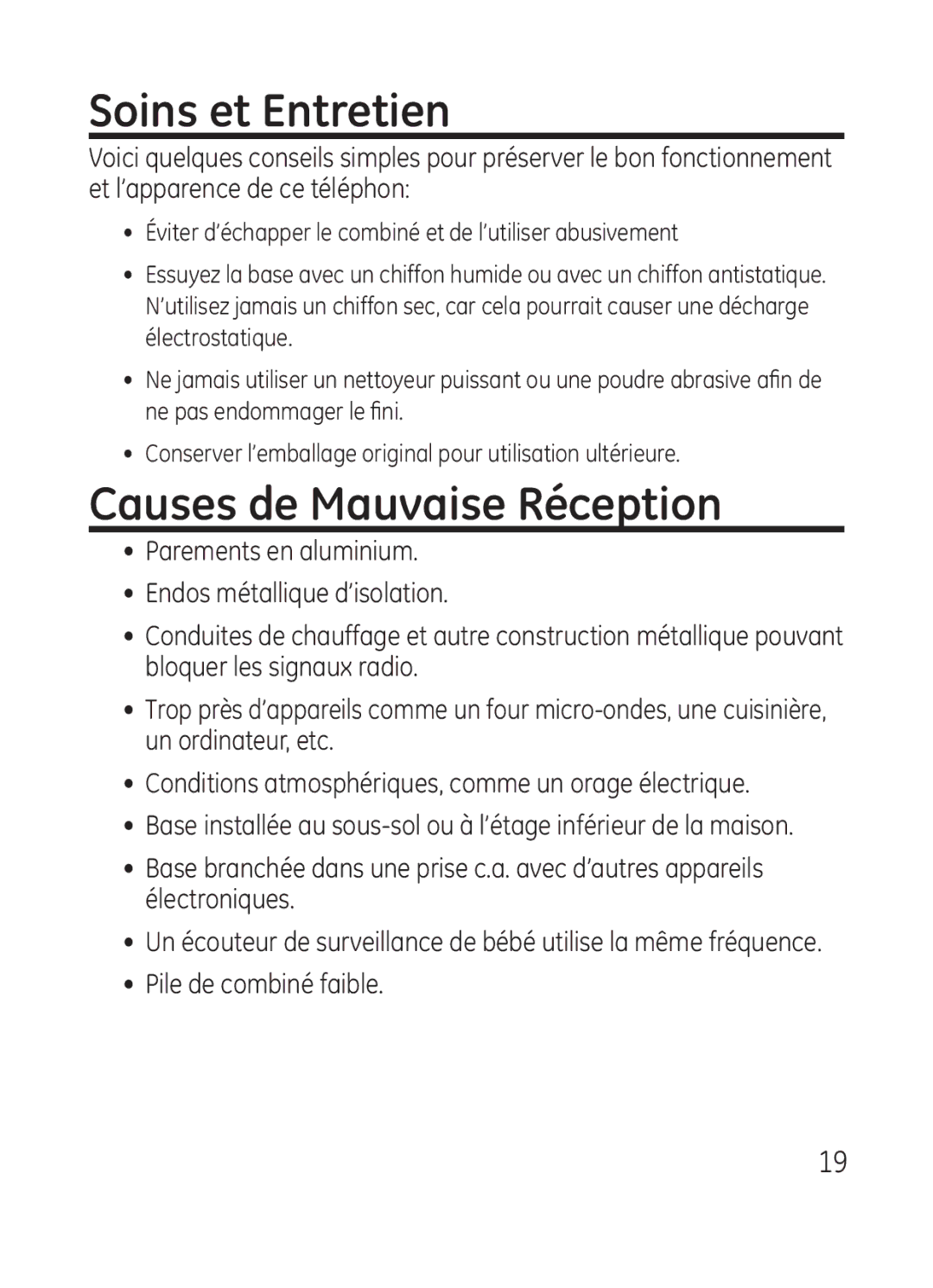 GE 28301 manual Soins et Entretien, Causes de Mauvaise Réception 