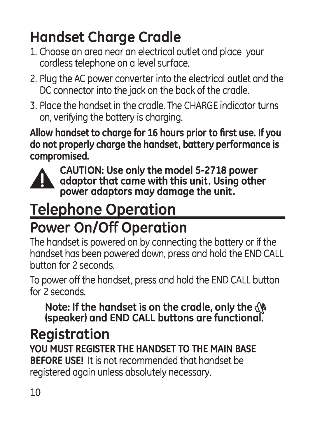 GE 28301 manual Telephone Operation, Handset Charge Cradle, Power On/Off Operation, Registration 