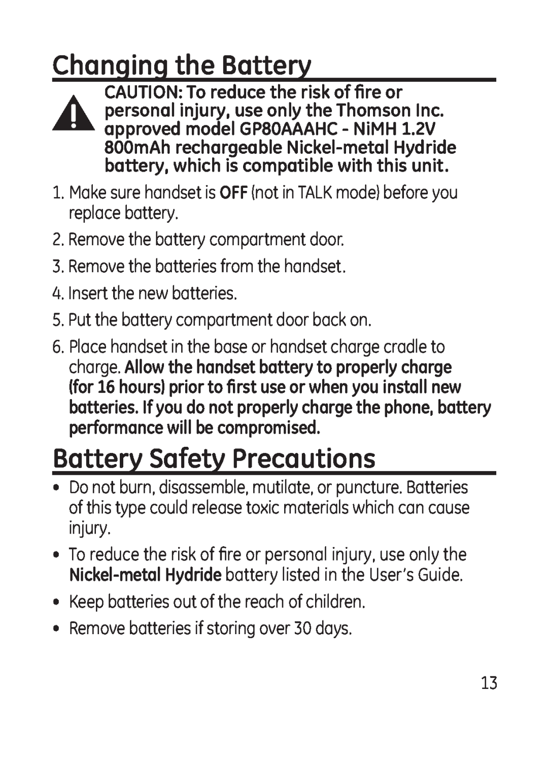 GE 28301 manual Changing the Battery, Battery Safety Precautions 