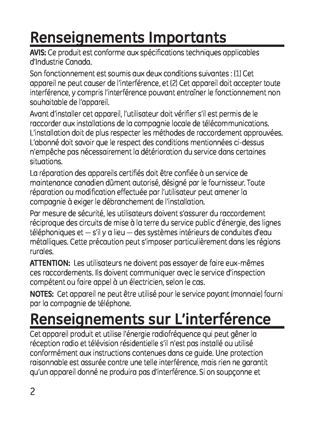 GE 28301 manual Renseignements Importants, Renseignements sur L’interférence 