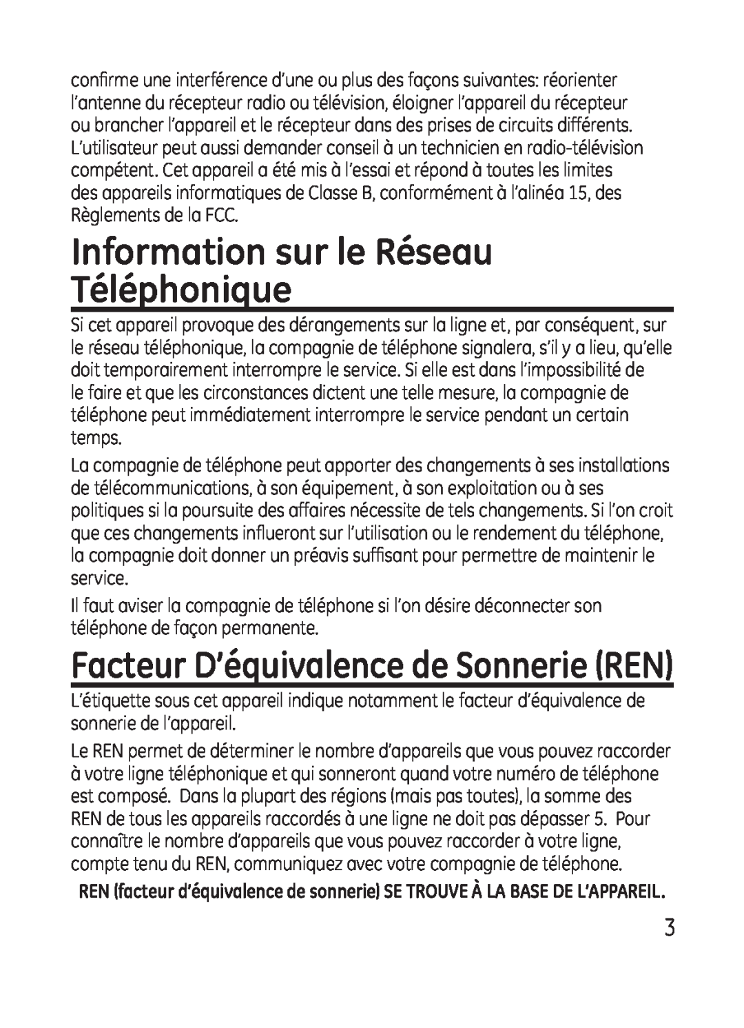 GE 28301 manual Information sur le Réseau Téléphonique, Facteur D’équivalence de Sonnerie REN 