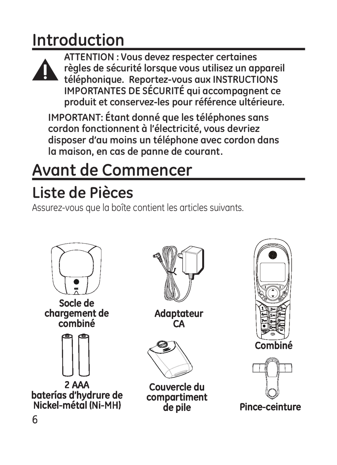 GE 28301 manual Avant de Commencer, Liste de Pièces, Introduction, Combiné 