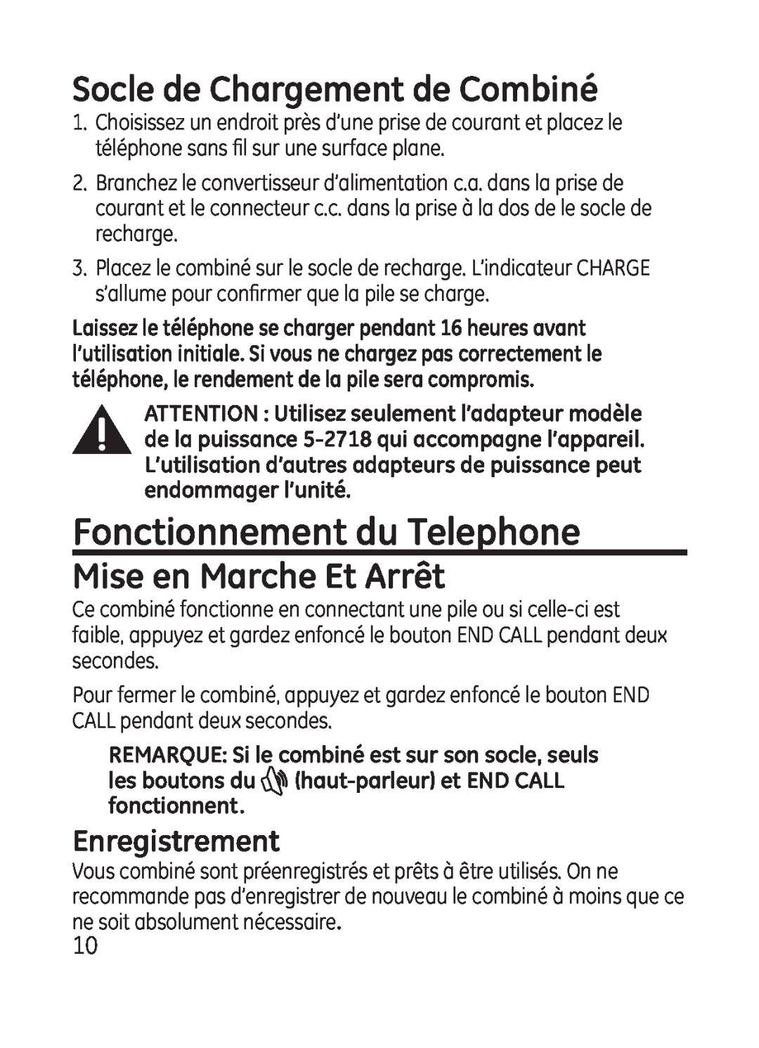 GE 28301 manual Fonctionnement du Telephone, Socle de Chargement de Combiné, Mise en Marche Et Arrêt, Enregistrement 