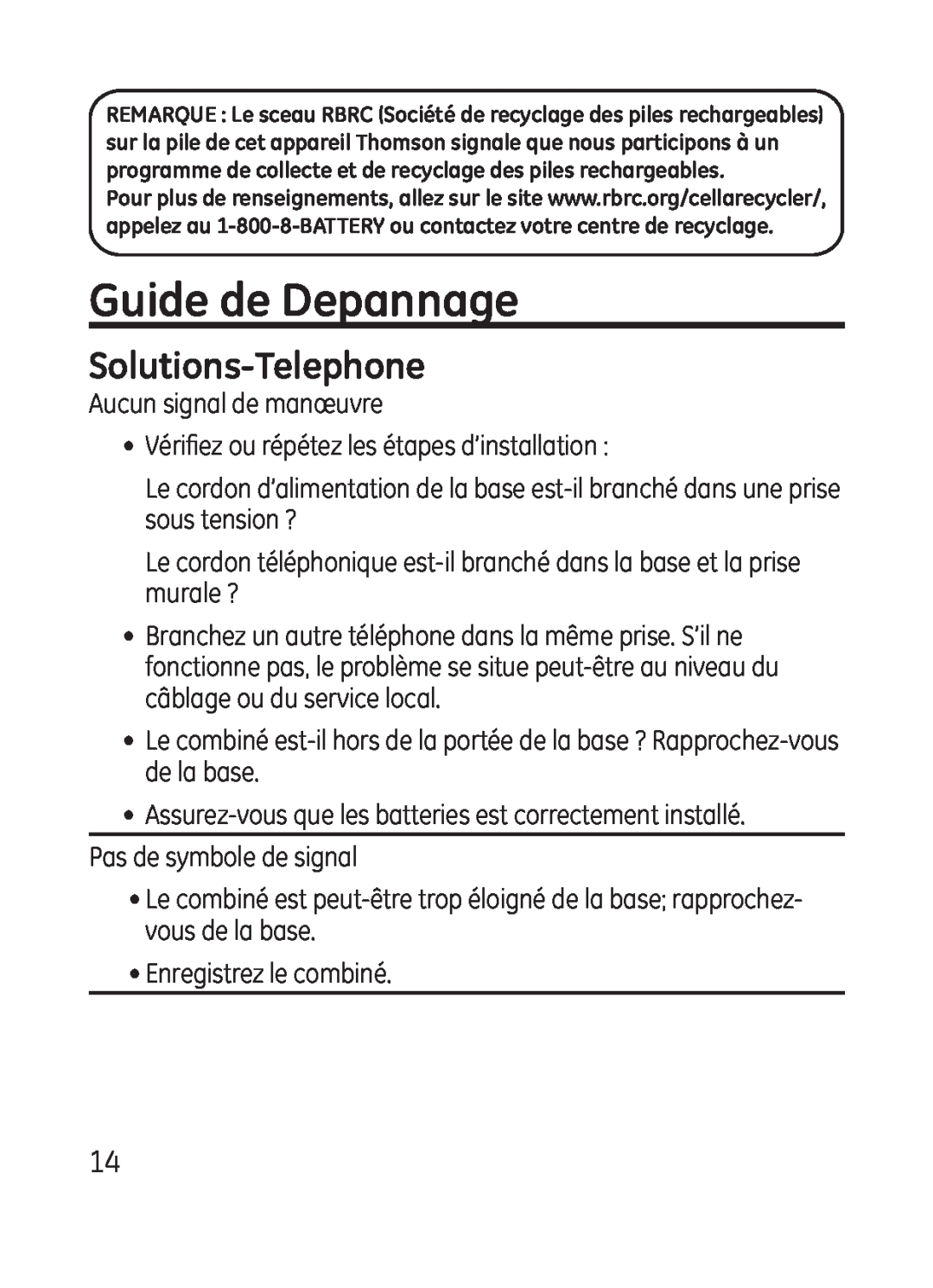 GE 28301 manual Guide de Depannage, Solutions-Telephone 