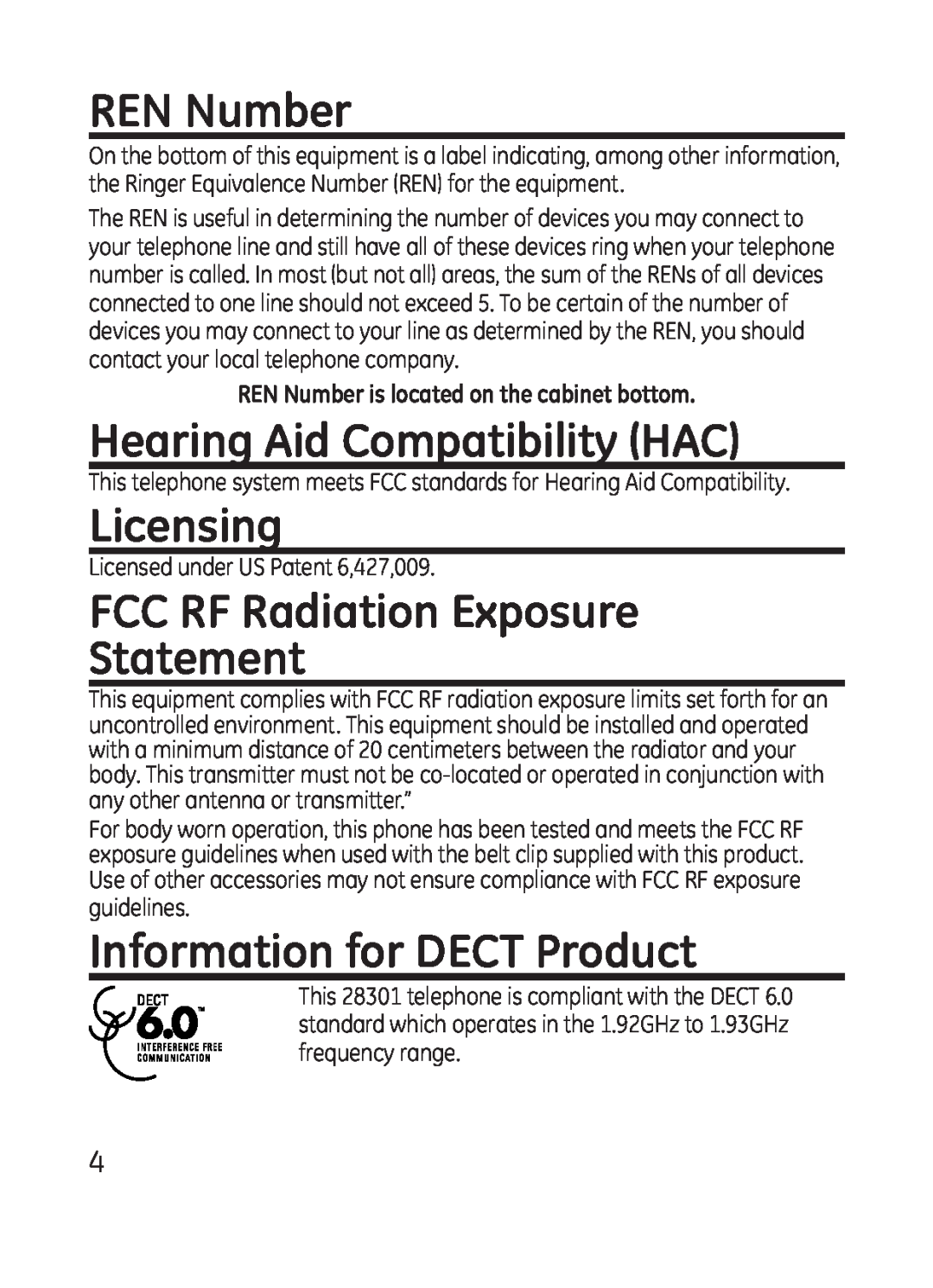GE 28301 manual REN Number, Hearing Aid Compatibility HAC, Licensing, FCC RF Radiation Exposure Statement 