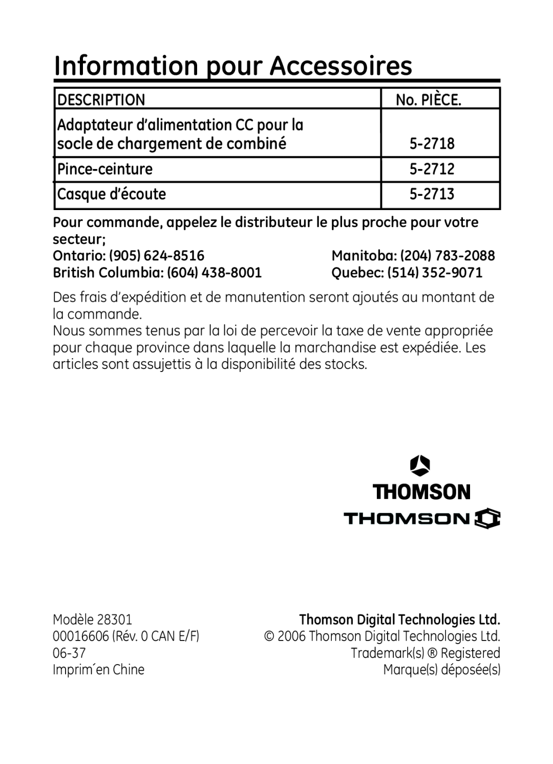 GE 28301 manual Information pour Accessoires, Description, No. PIÈCE, Adaptateur d’alimentation CC pour la, 5-2718, 5-2712 