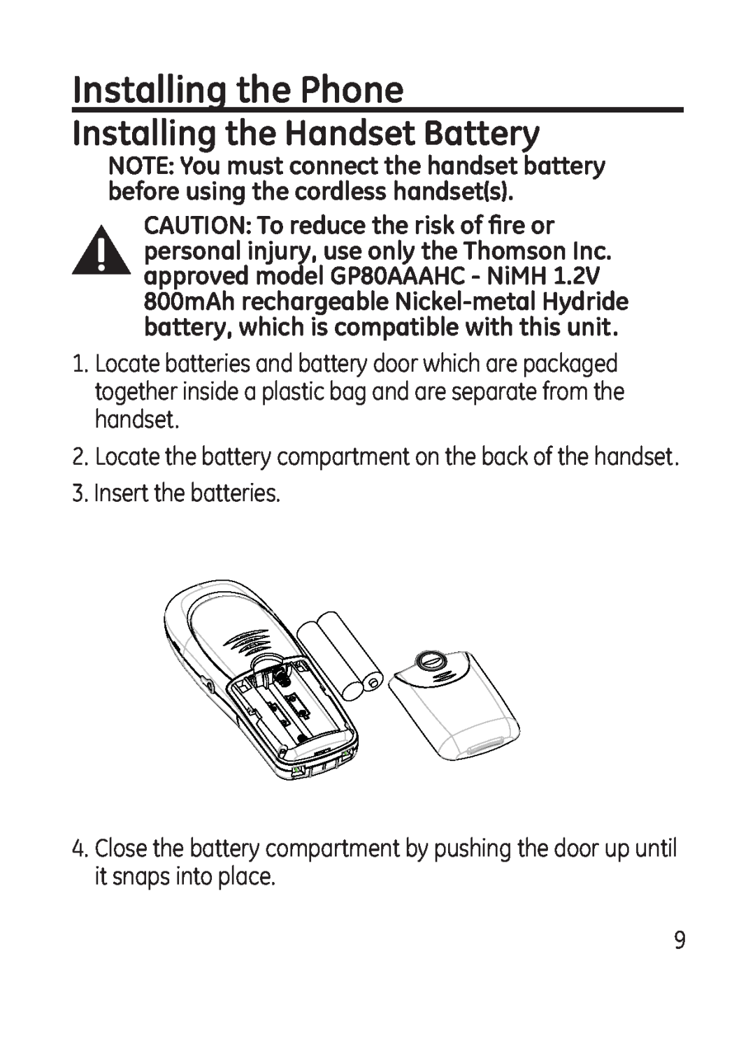 GE 28301 manual Installing the Phone, Installing the Handset Battery 