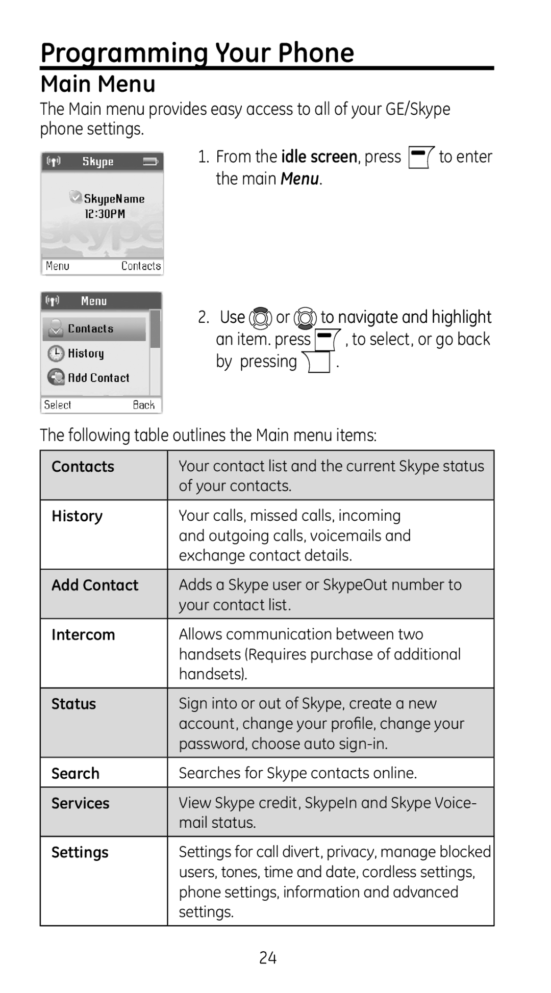 GE 28310 manual Programming Your Phone, Main Menu, Use or to navigate and highlight 