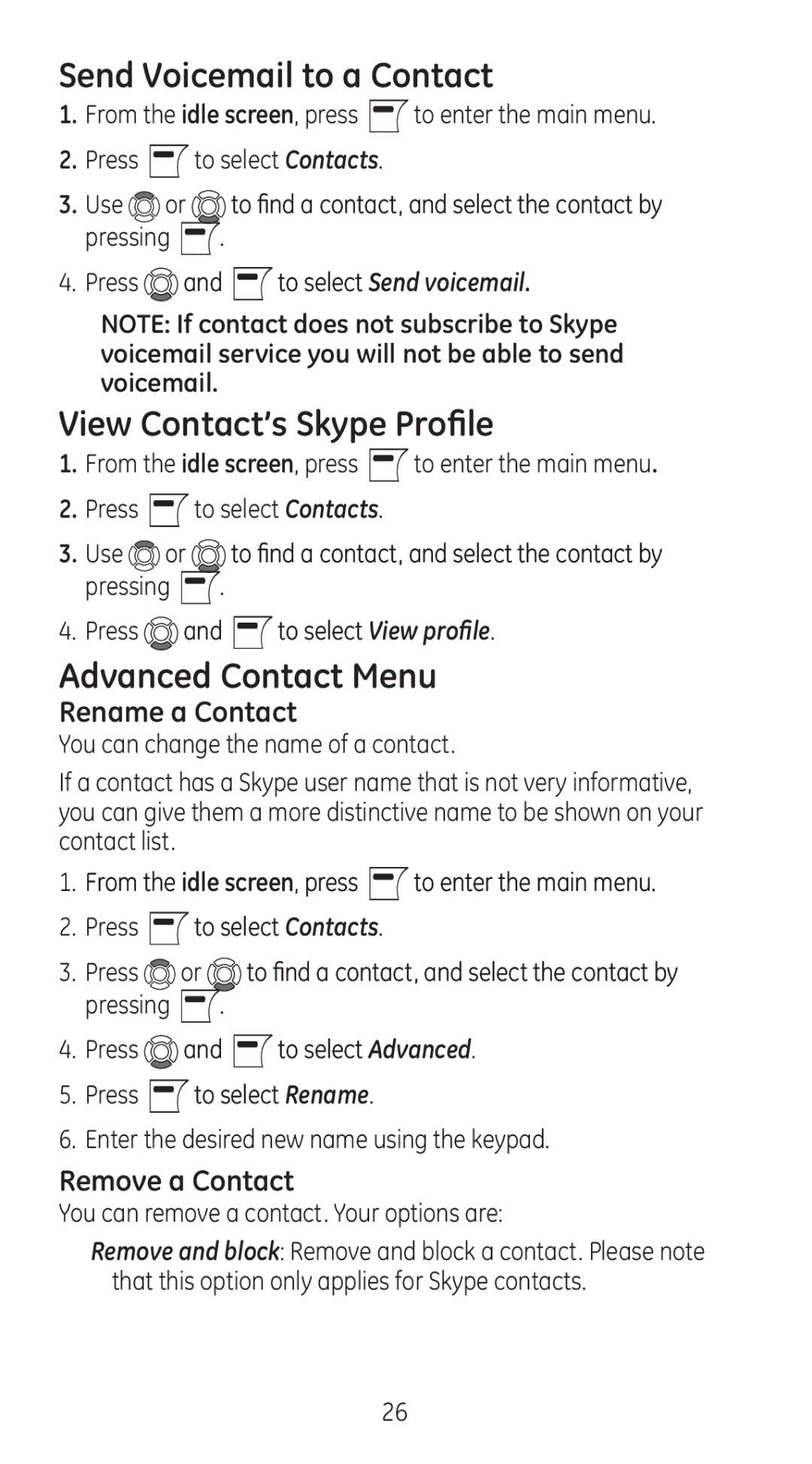 GE 28310 manual Send Voicemail to a Contact, View Contact’s Skype Profile, Advanced Contact Menu, Rename a Contact 