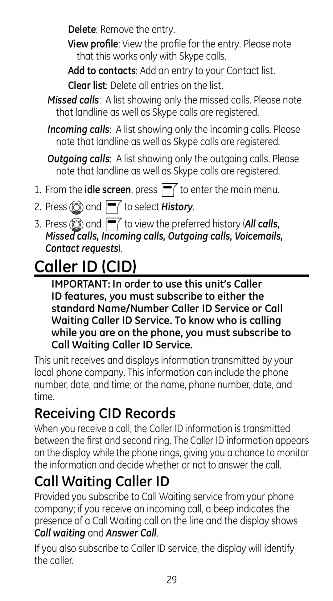 GE 28310 manual Caller ID CID, Receiving CID Records, Call Waiting Caller ID, Delete Remove the entry 