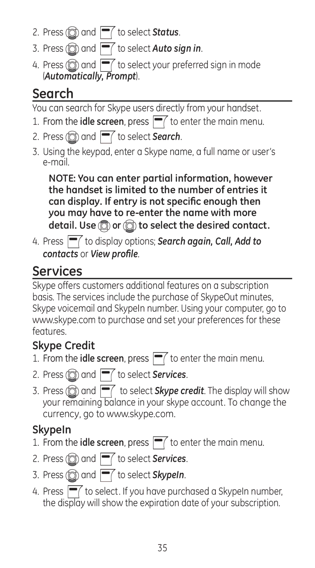 GE 28310 manual Search, Services, Skype Credit, SkypeIn 