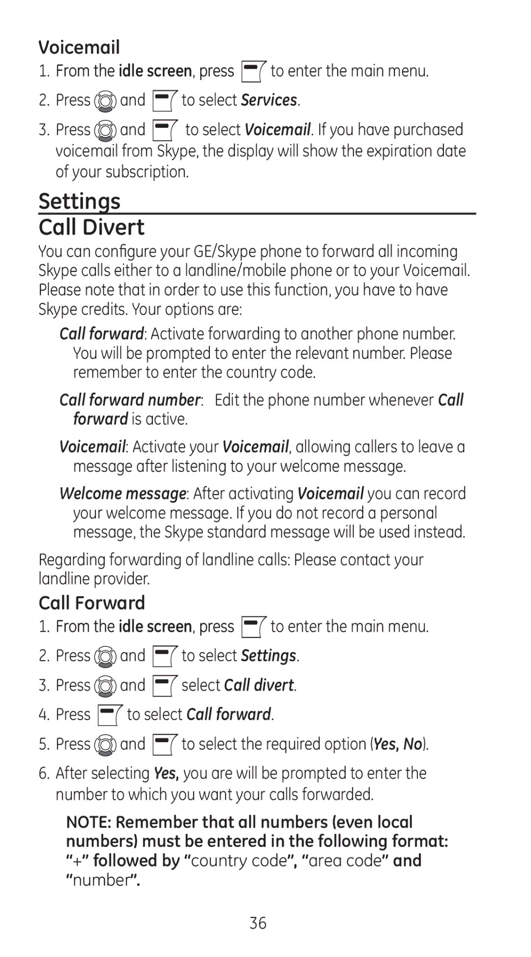 GE 28310 manual Settings Call Divert, Voicemail, Call Forward 