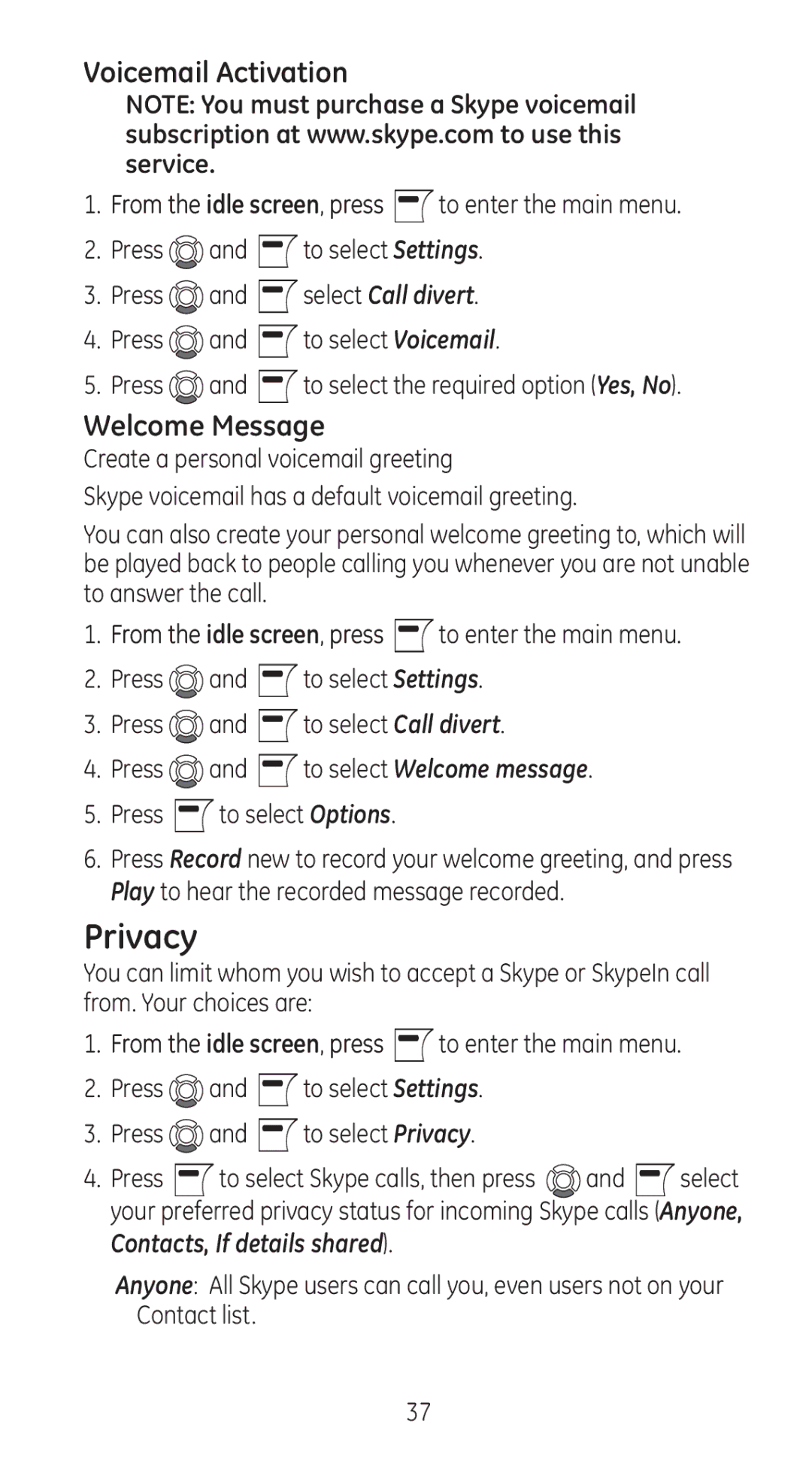 GE 28310 manual Privacy, Voicemail Activation, Welcome Message 