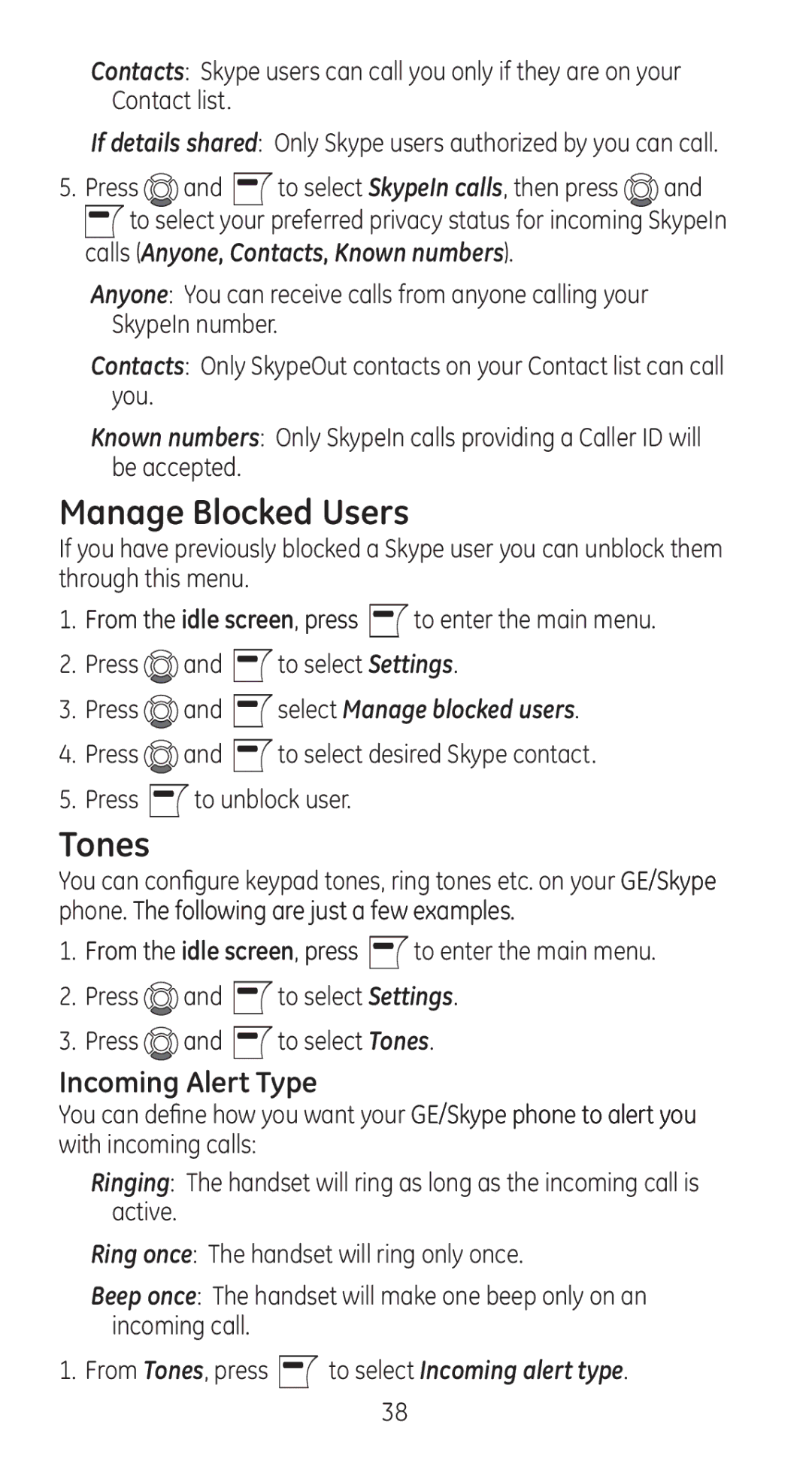 GE 28310 manual Manage Blocked Users, Tones, Incoming Alert Type 