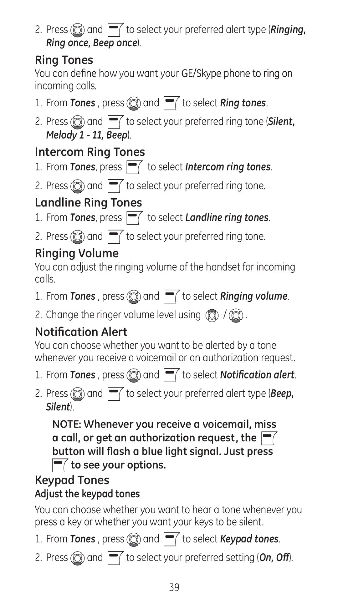 GE 28310 manual Intercom Ring Tones, Landline Ring Tones, Ringing Volume, Notification Alert, Keypad Tones 