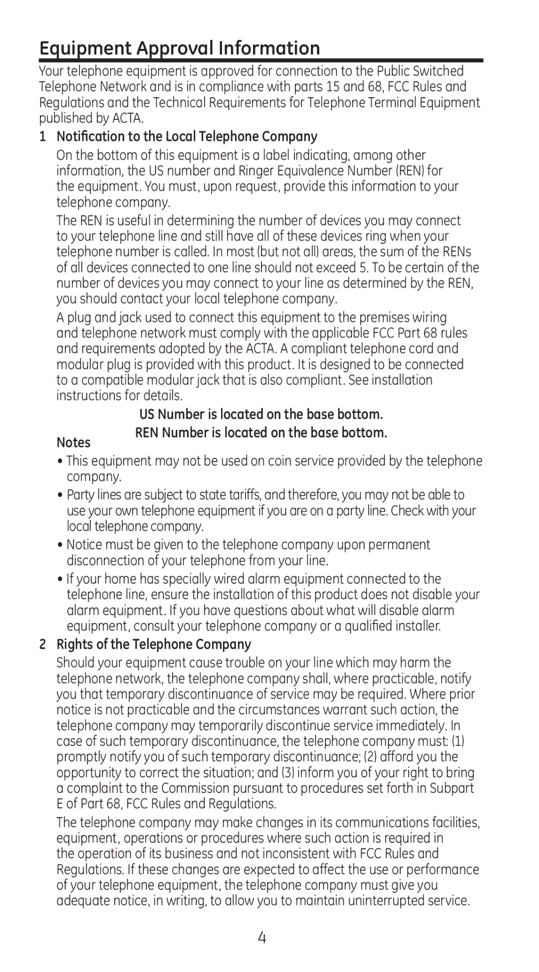 GE 28310 manual Equipment Approval Information, Notification to the Local Telephone Company 