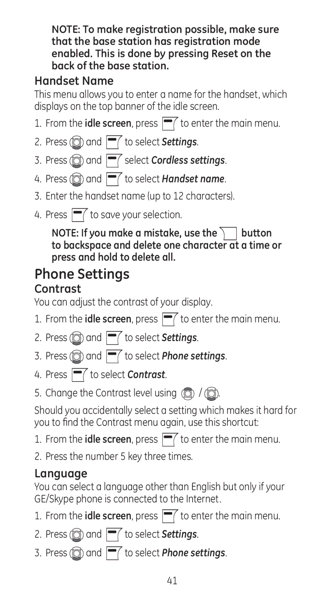 GE 28310 manual Phone Settings, Handset Name, Contrast, Language 