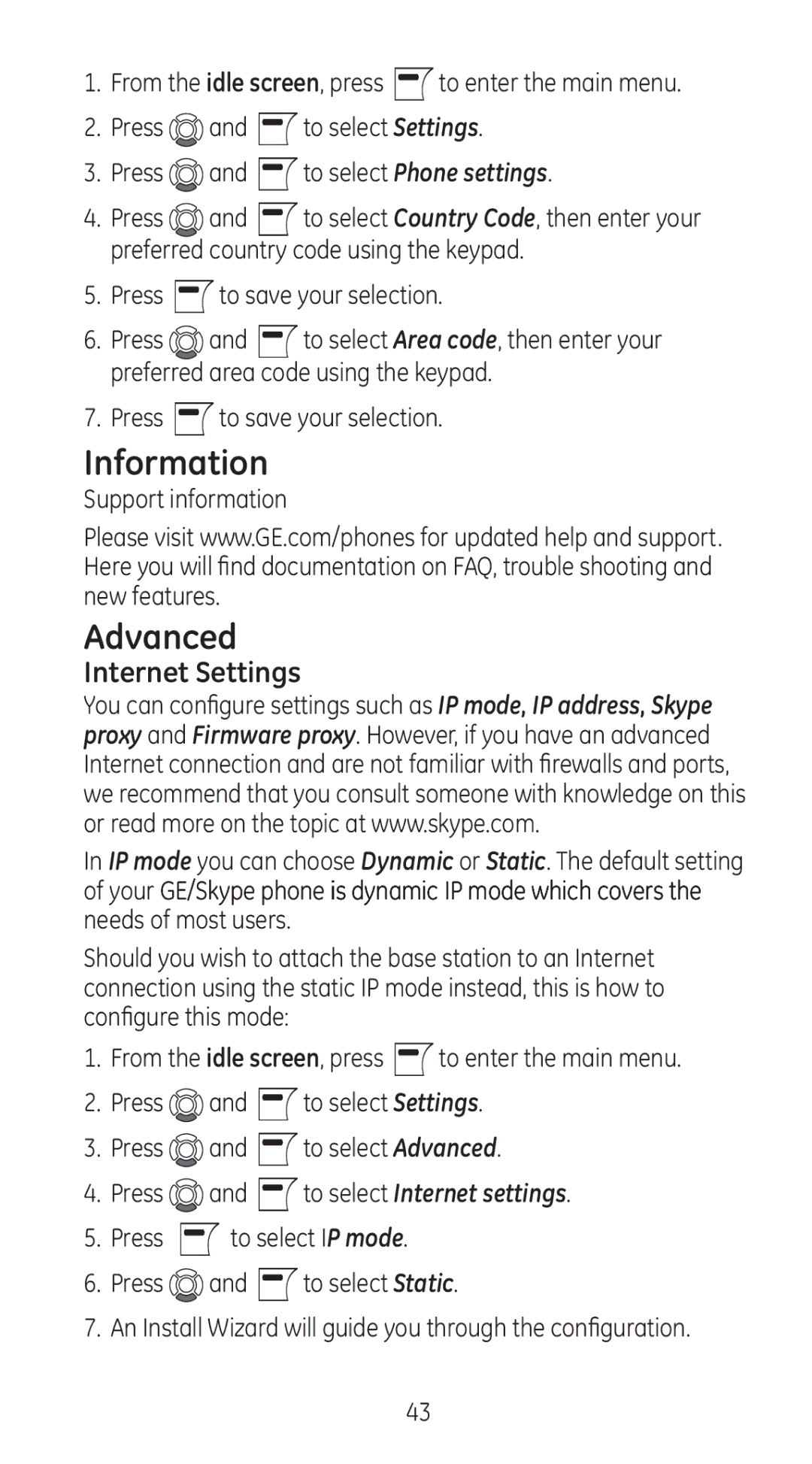 GE 28310 manual Information, Advanced, Internet Settings, Support information 