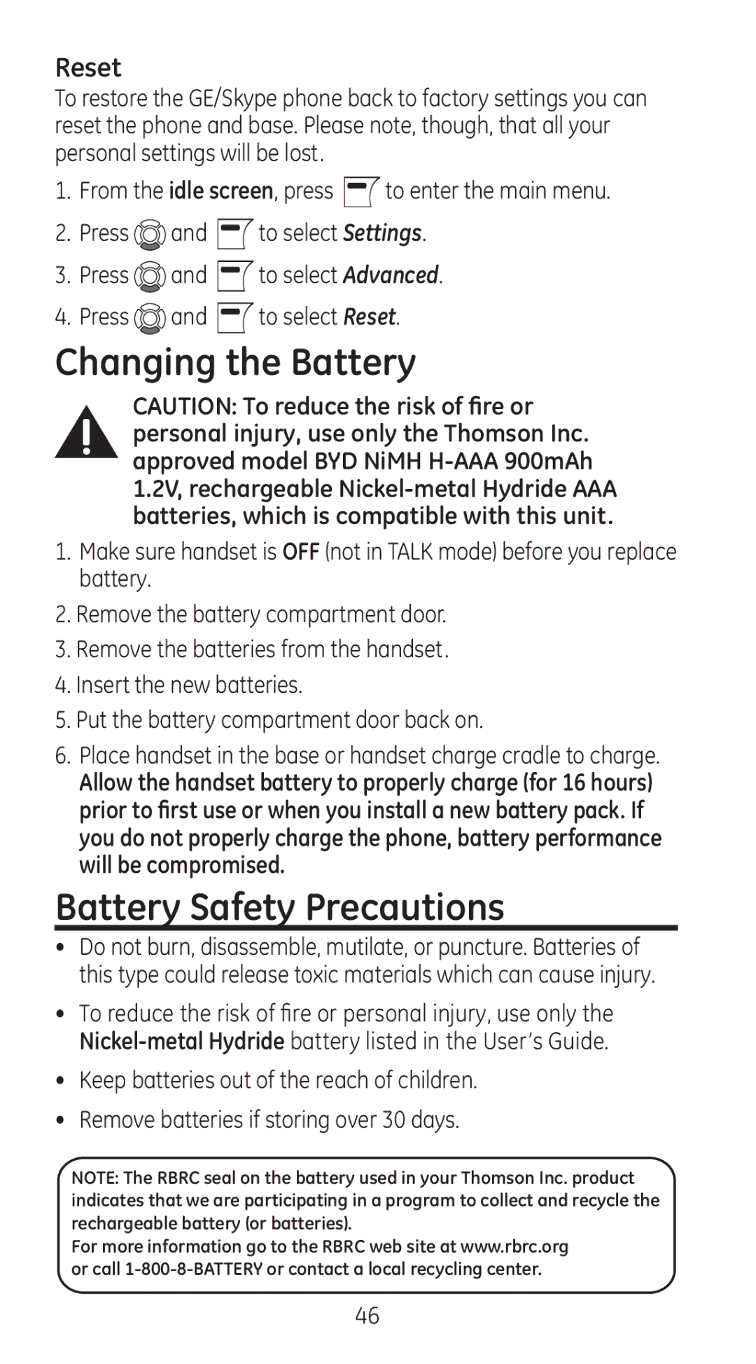 GE 28310 manual Changing the Battery, Battery Safety Precautions, Reset 