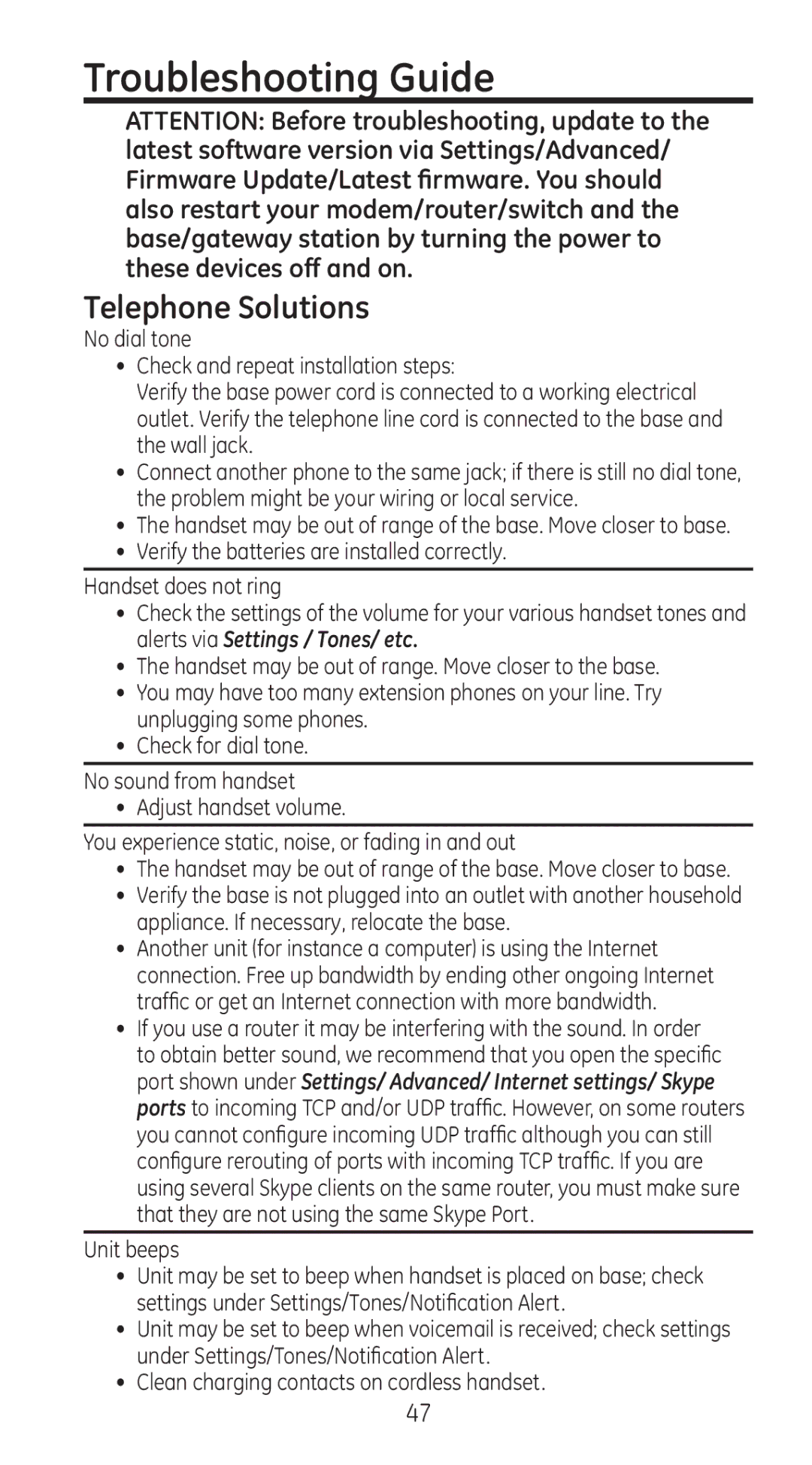 GE 28310 manual Troubleshooting Guide, Telephone Solutions, Unit beeps 