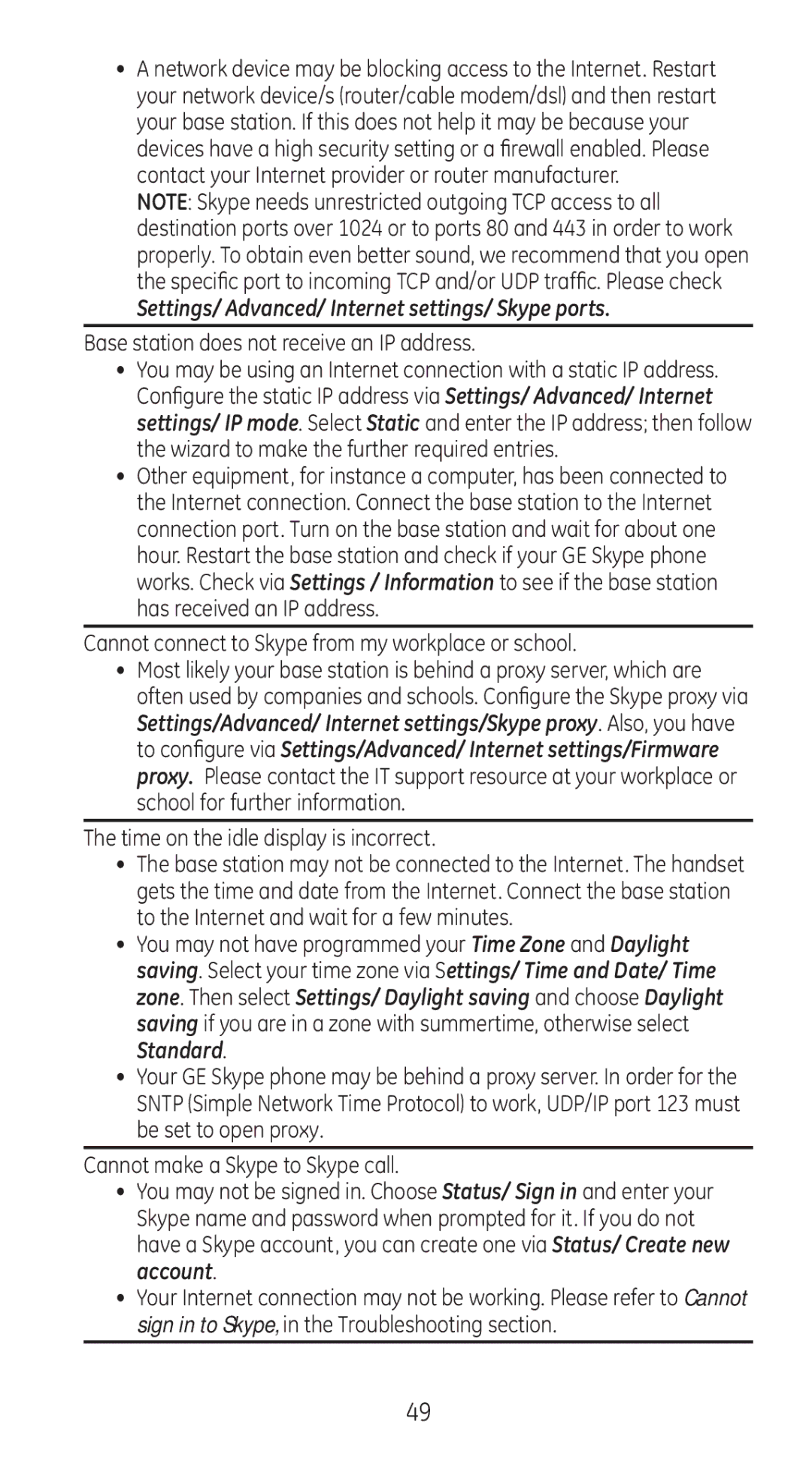 GE 28310 manual Base station does not receive an IP address, Cannot connect to Skype from my workplace or school 