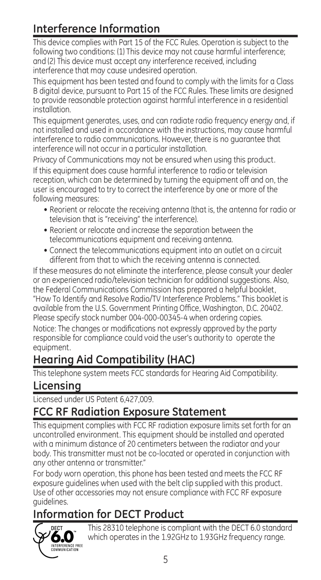 GE 28310 manual Interference Information, Hearing Aid Compatibility HAC, Licensing, FCC RF Radiation Exposure Statement 