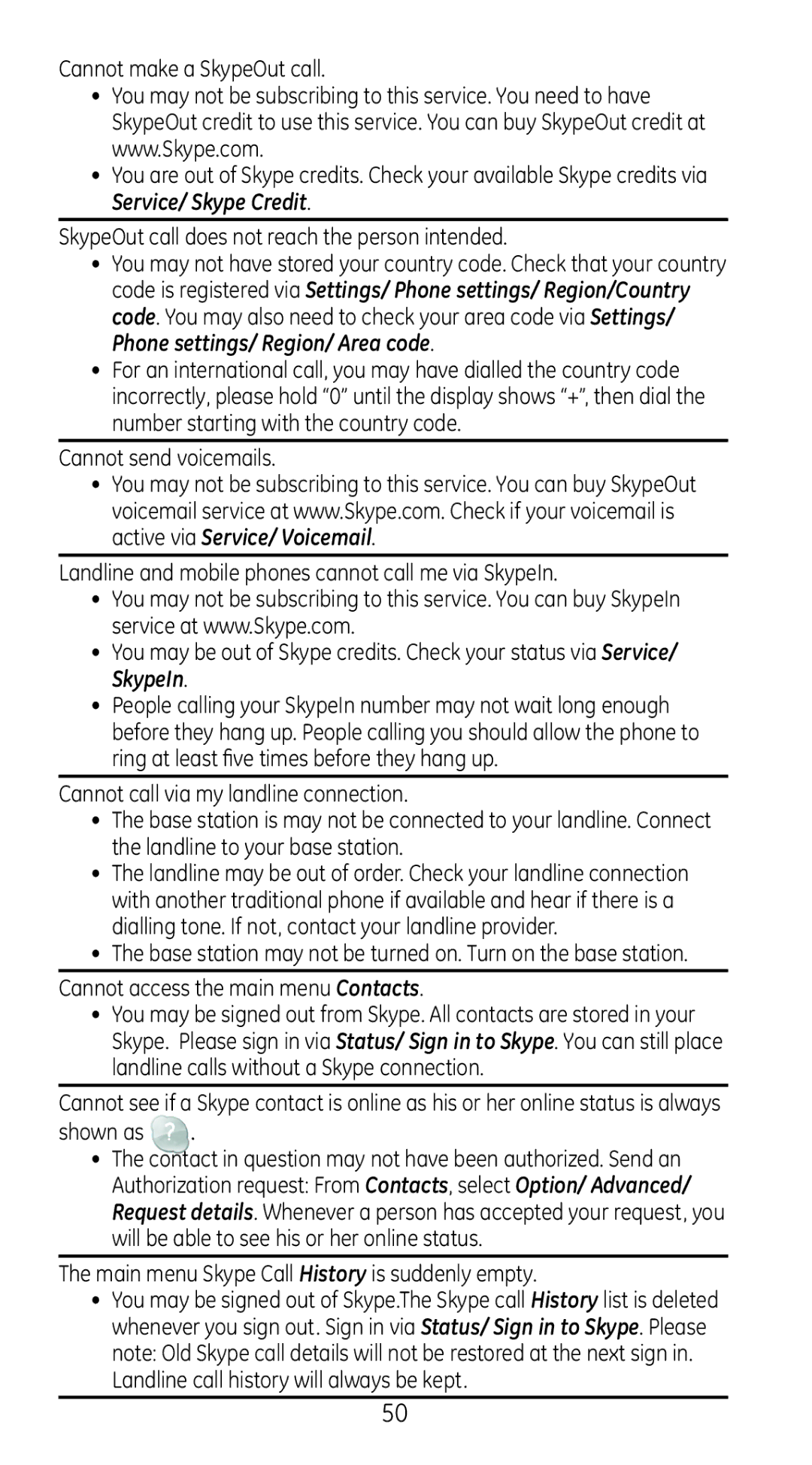 GE 28310 manual Cannot make a SkypeOut call, SkypeOut call does not reach the person intended, Shown as 