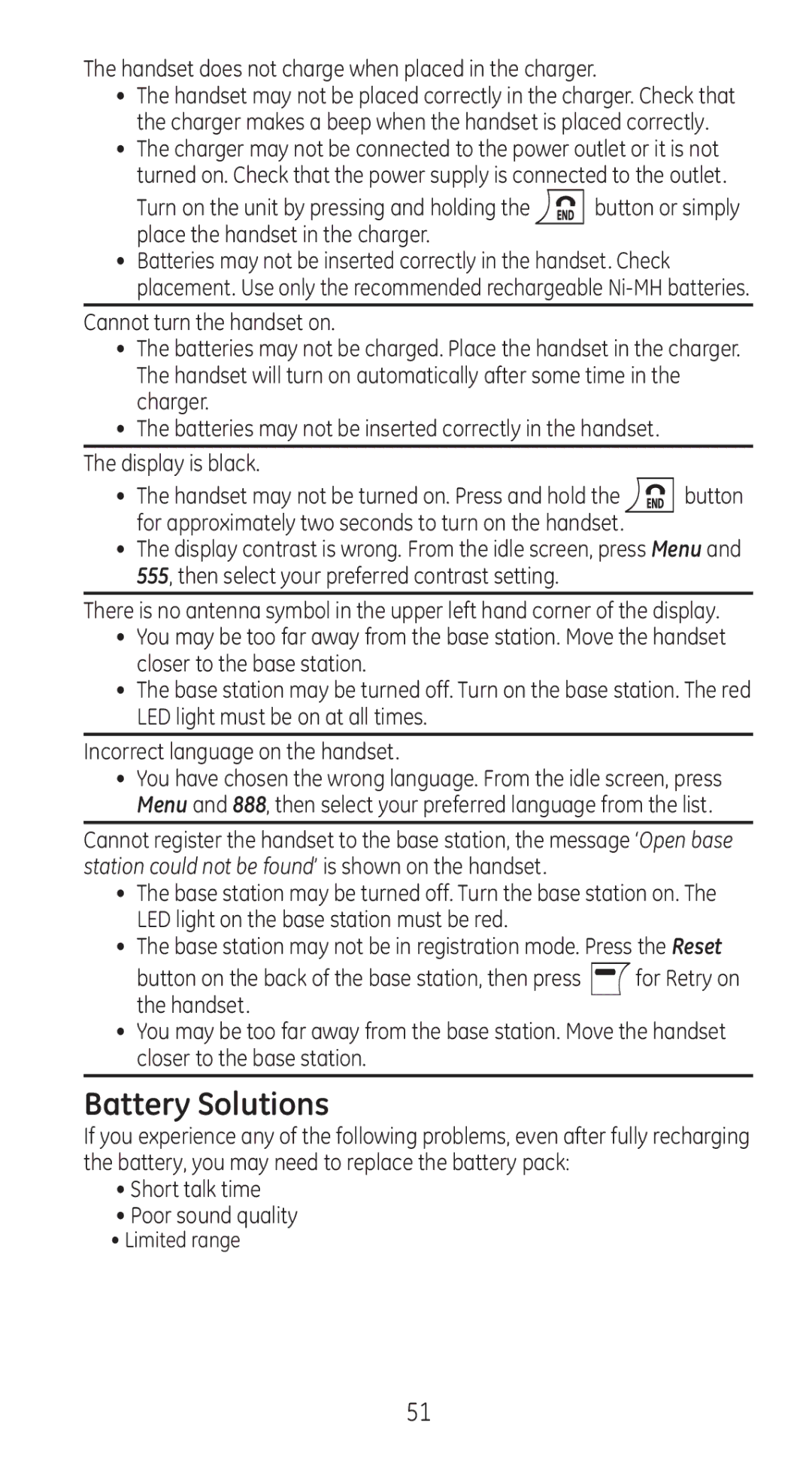 GE 28310 Battery Solutions, Handset does not charge when placed in the charger, Place the handset in the charger, Button 