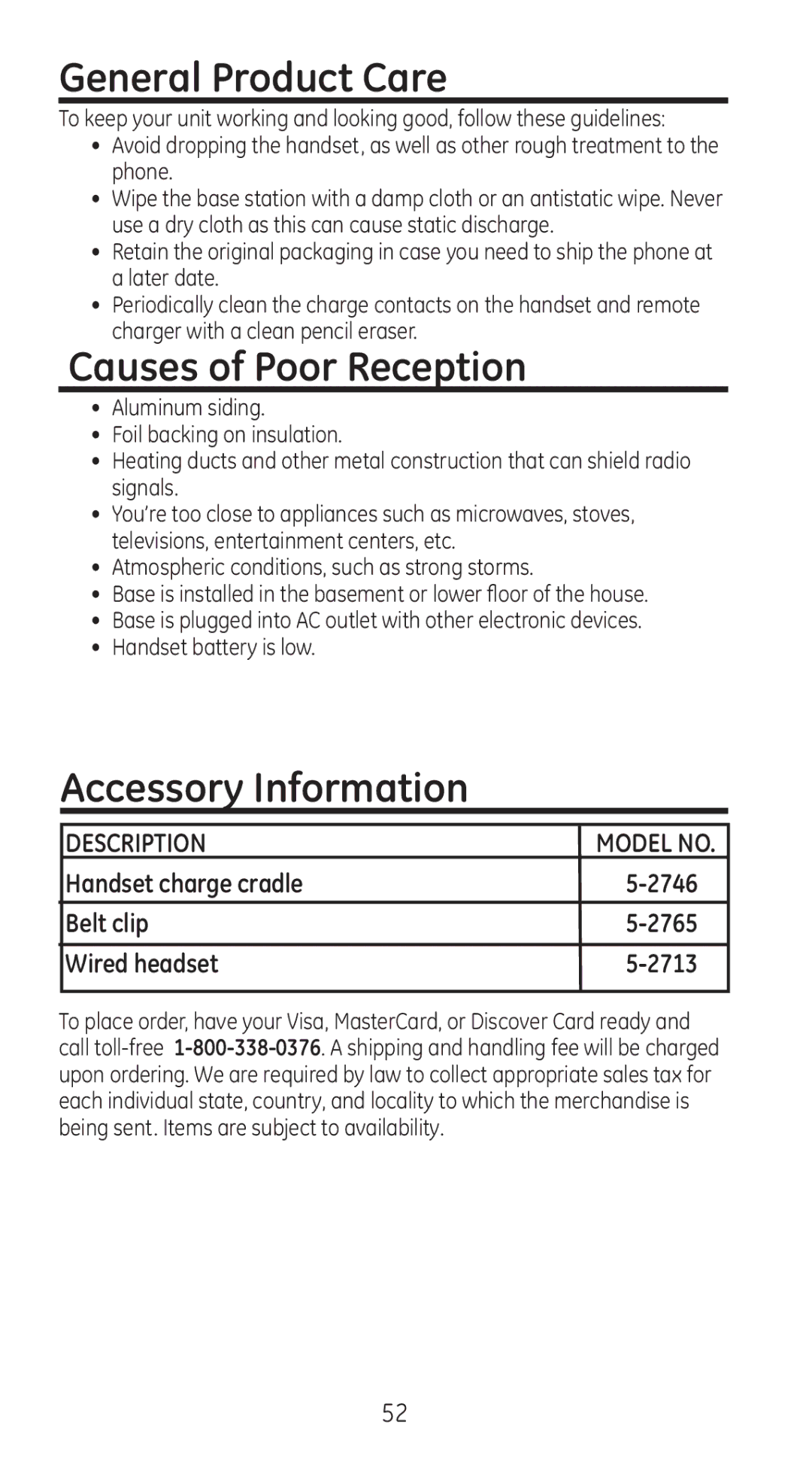 GE 28310 manual General Product Care, Causes of Poor Reception, Accessory Information 