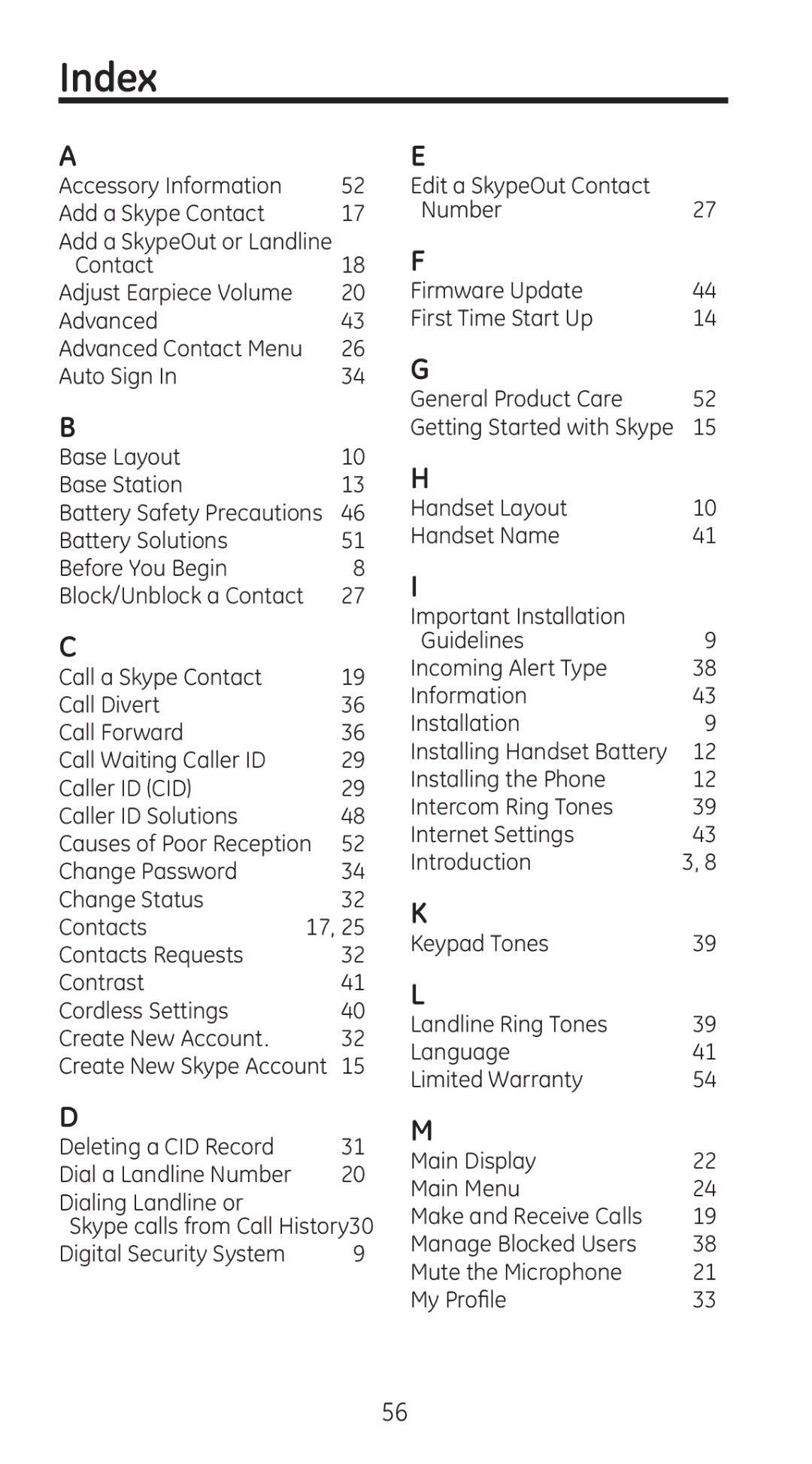 GE 28310 manual Index, Accessory Information Add a Skype Contact 