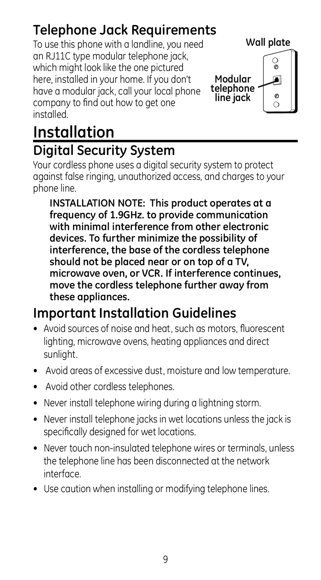 GE 28310 manual Telephone Jack Requirements, Digital Security System, Important Installation Guidelines 