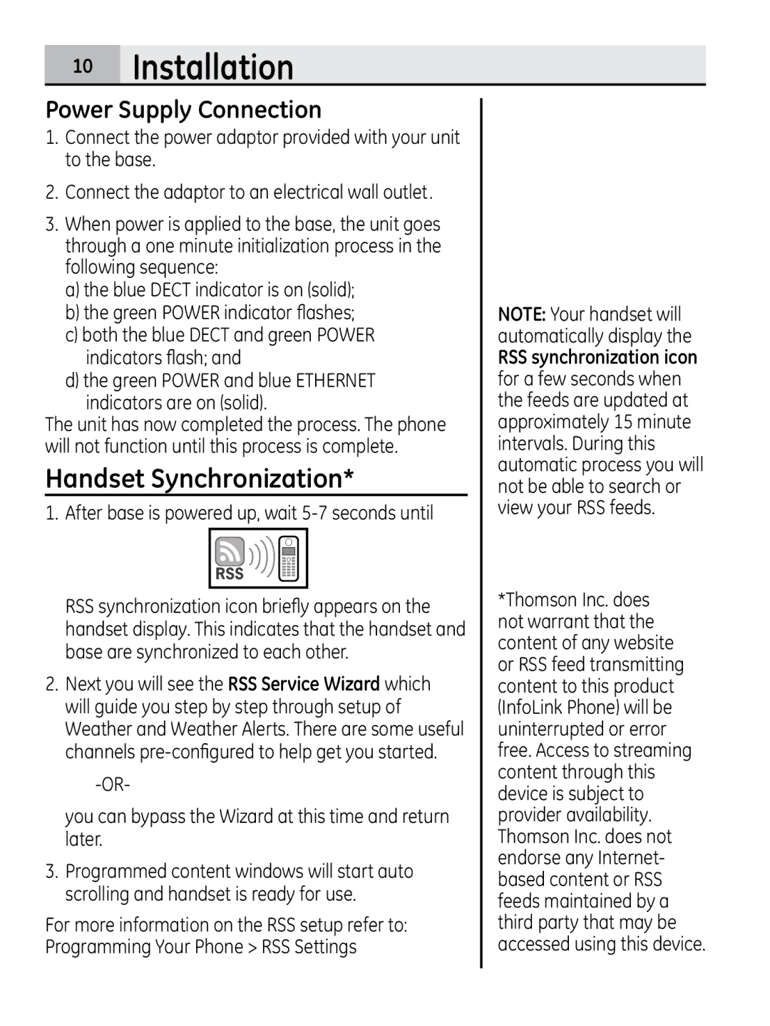 GE 28320xx2 Handset Synchronization, Power Supply Connection, You can bypass the Wizard at this time and return later 