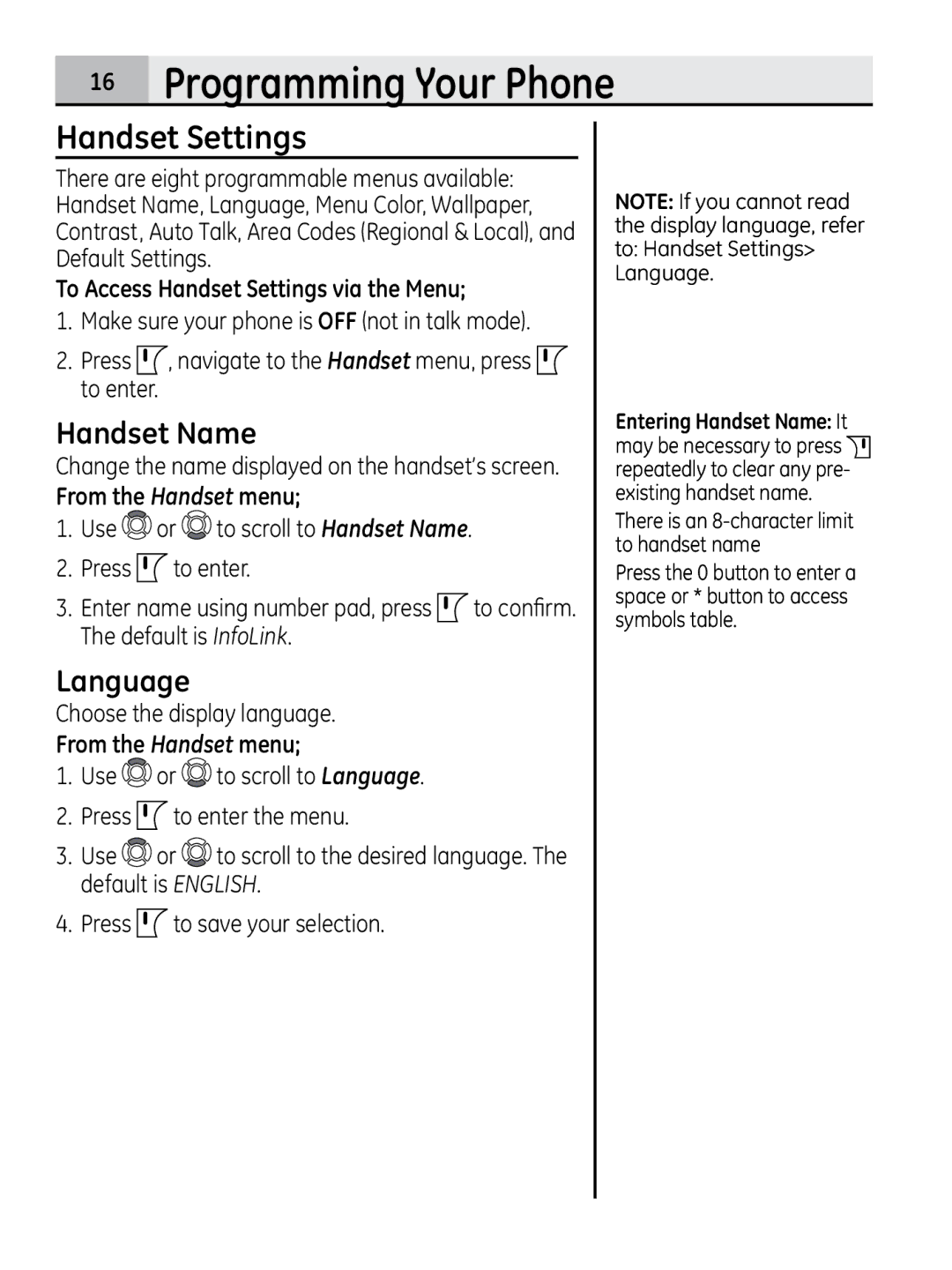 GE 28320xx2, 00018937 manual Handset Name, Language, To Access Handset Settings via the Menu, From the Handset menu 