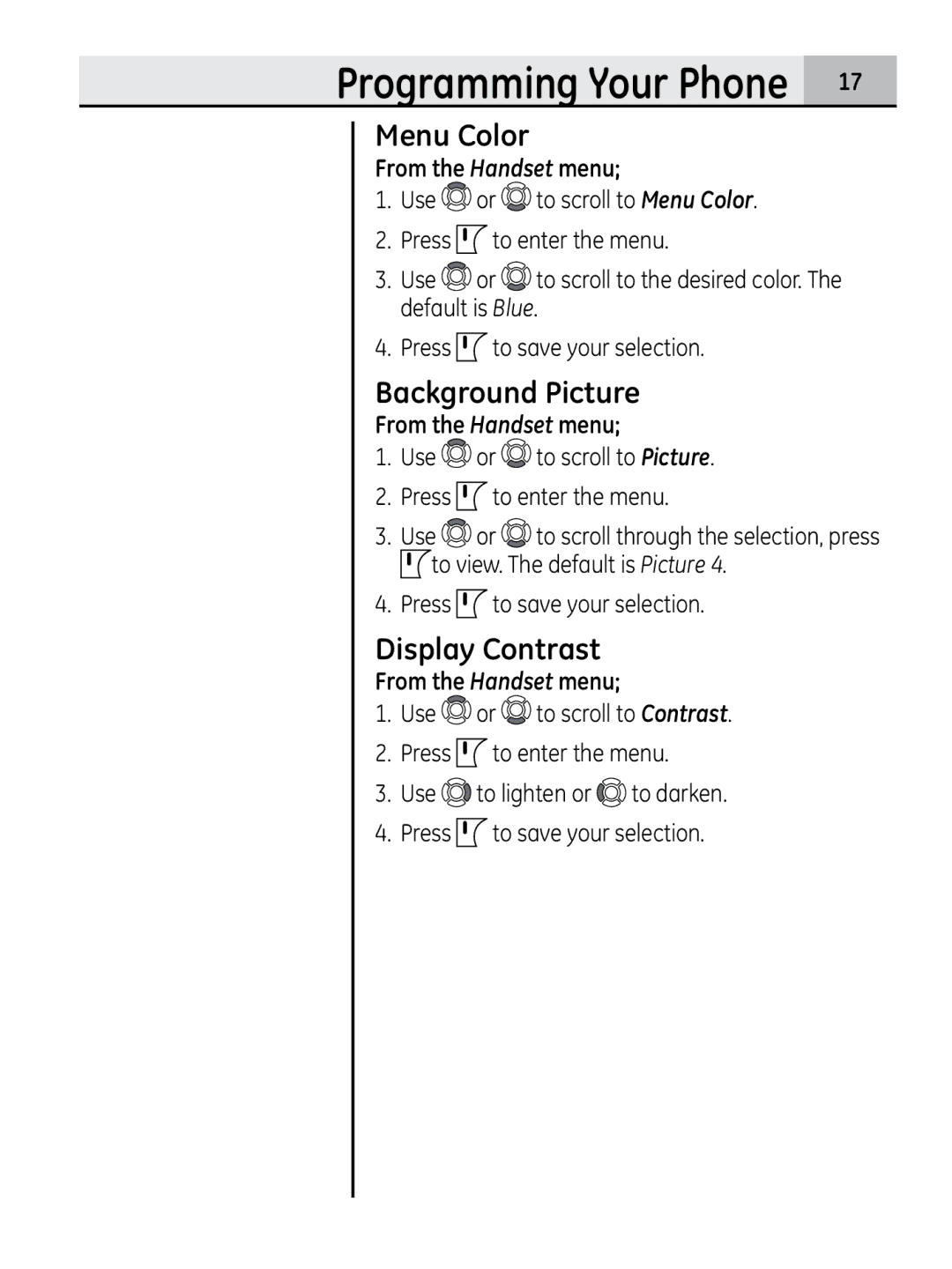 GE 00018937 manual Menu Color, Background Picture, Display Contrast, Use or to scroll to Picture Press to enter the menu 