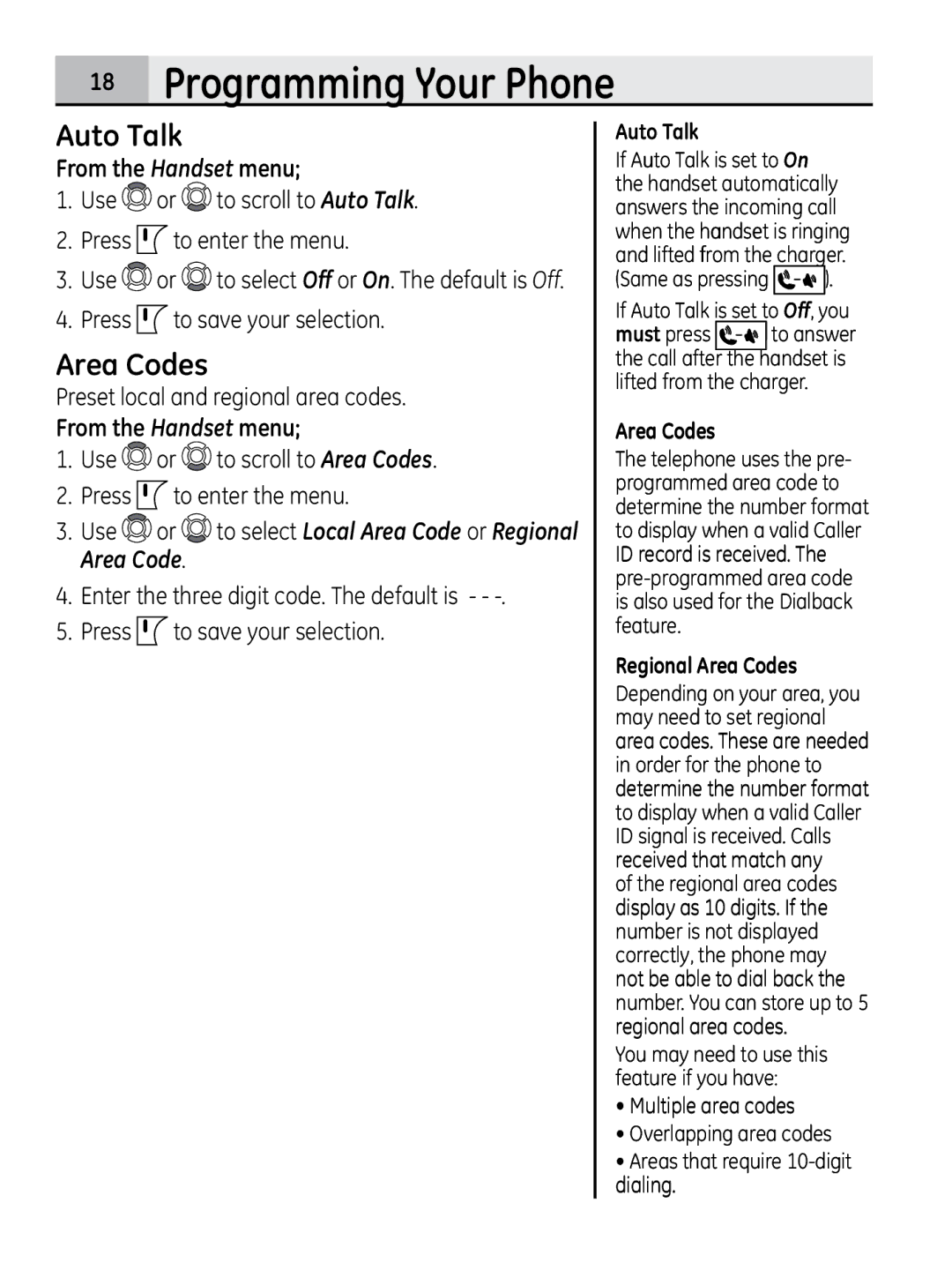 GE 28320xx2 Area Codes, Use or to scroll to Auto Talk Press to enter the menu, Preset local and regional area codes 