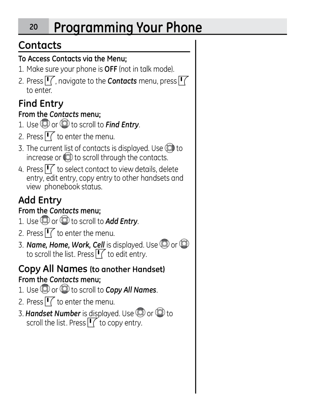 GE 28320xx2, 00018937 manual Contacts, Find Entry, Add Entry 