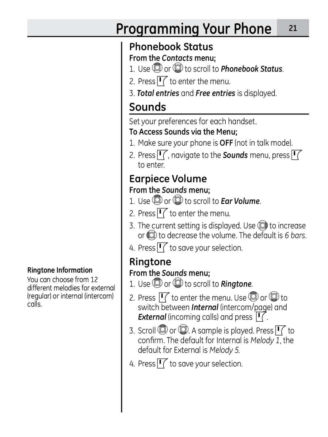 GE 00018937, 28320xx2 manual Sounds, Phonebook Status, Earpiece Volume, Ringtone 