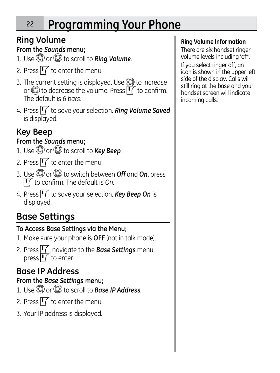 GE 28320xx2, 00018937 manual Base Settings, Ring Volume, Key Beep, Base IP Address 