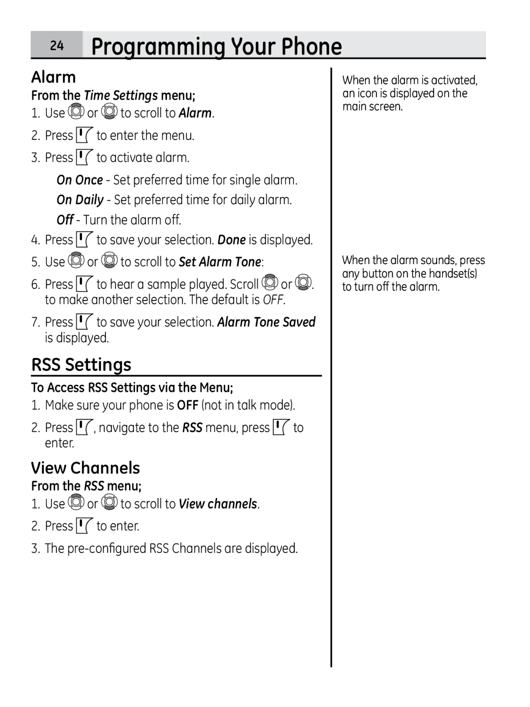 GE 28320xx2, 00018937 manual Alarm, View Channels, To Access RSS Settings via the Menu, From the RSS menu 