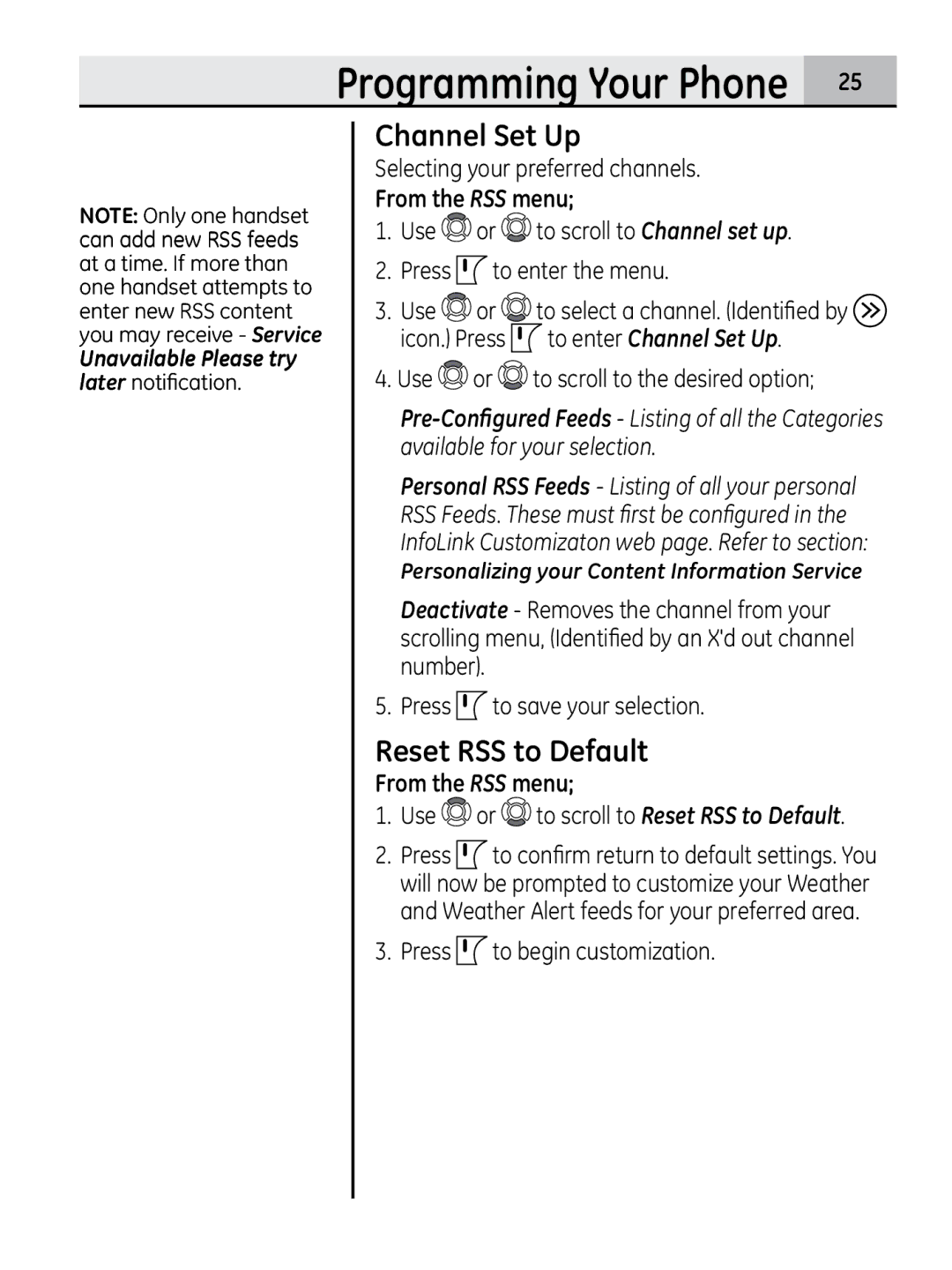 GE 00018937, 28320xx2 manual Channel Set Up, Reset RSS to Default 