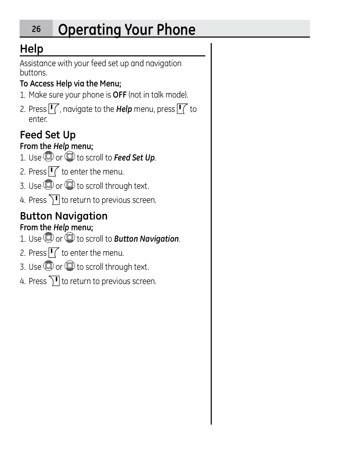 GE 28320xx2, 00018937 manual Operating Your Phone, Help, Feed Set Up, Button Navigation 