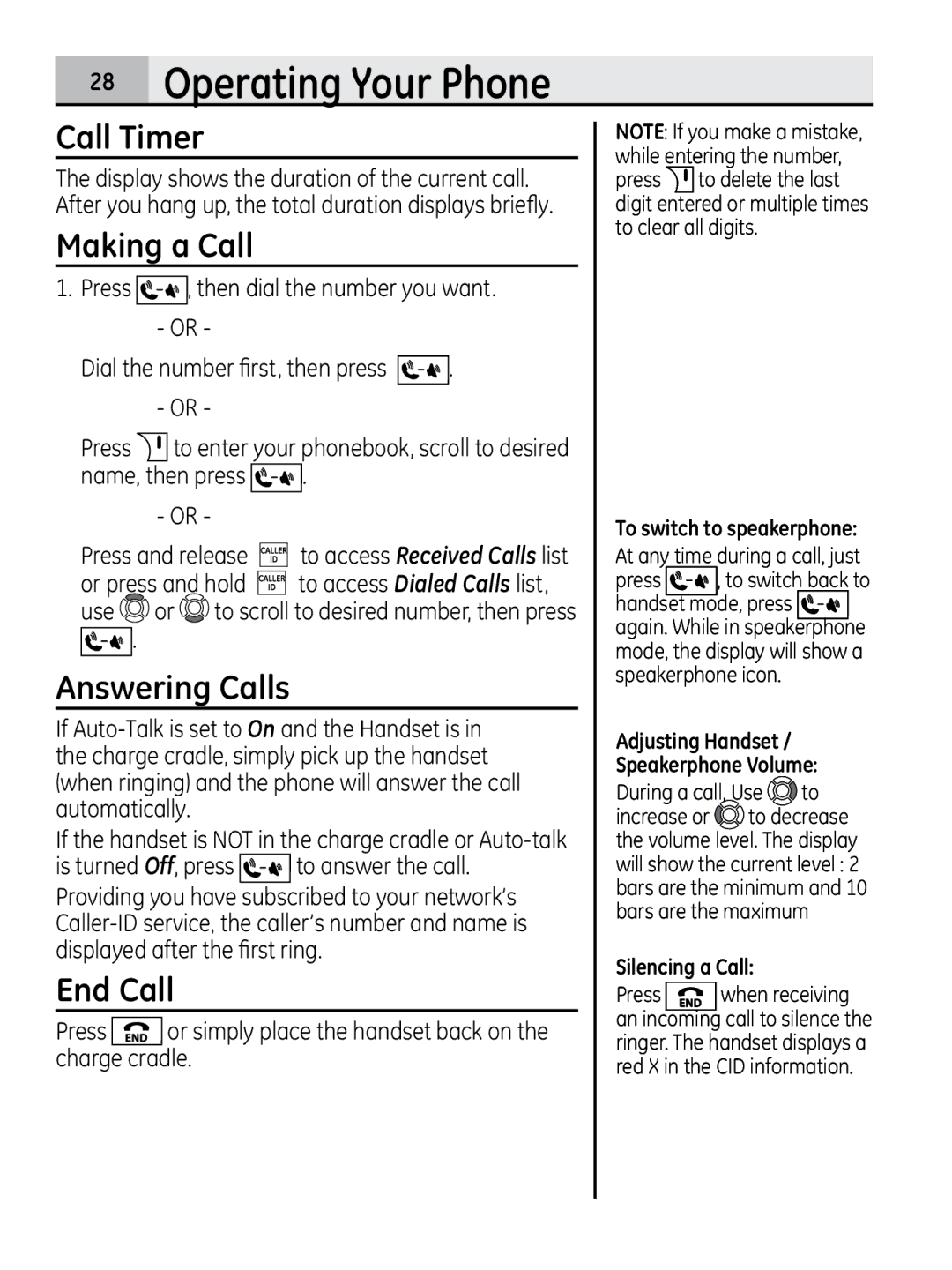 GE 28320xx2, 00018937 manual Call Timer, Making a Call, Answering Calls, End Call 