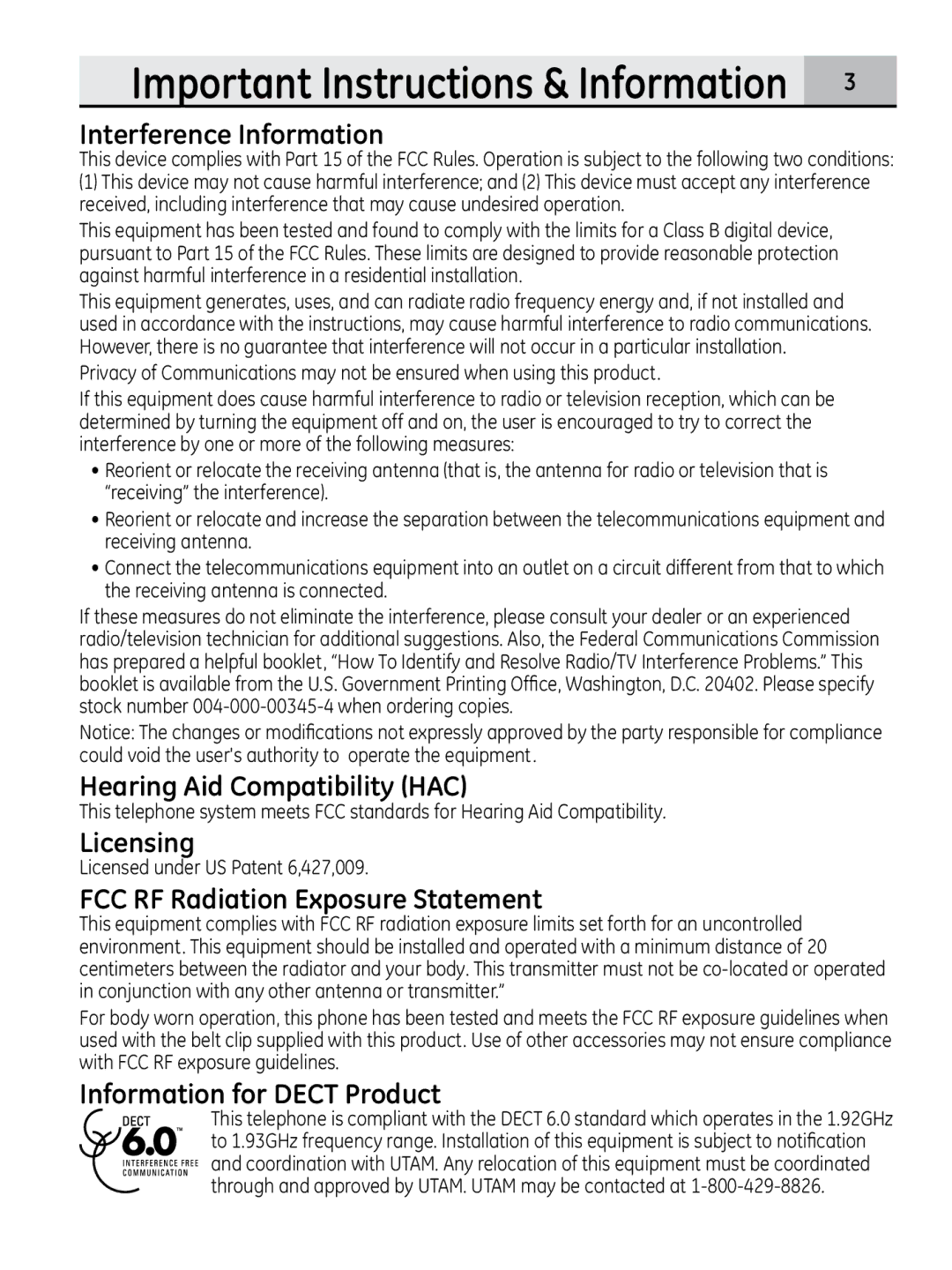 GE 00018937 manual Interference Information, Hearing Aid Compatibility HAC, Licensing, FCC RF Radiation Exposure Statement 