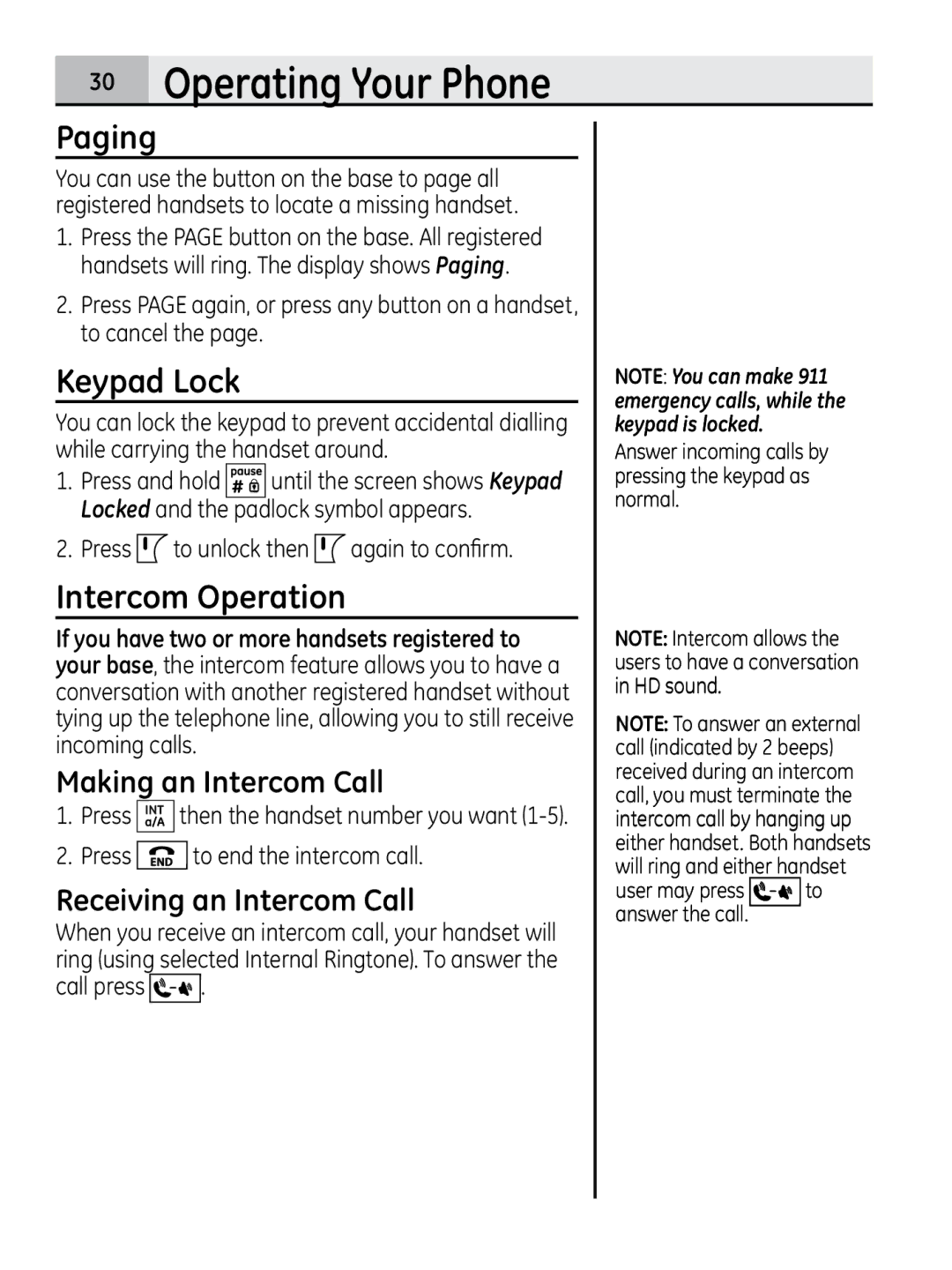 GE 28320xx2, 00018937 manual Paging, Keypad Lock, Intercom Operation, Making an Intercom Call, Receiving an Intercom Call 