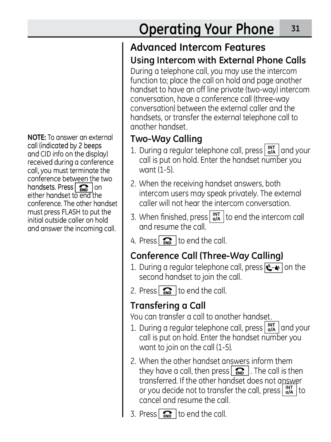 GE 00018937 Advanced Intercom Features, Using Intercom with External Phone Calls, Two-Way Calling, Transfering a Call 