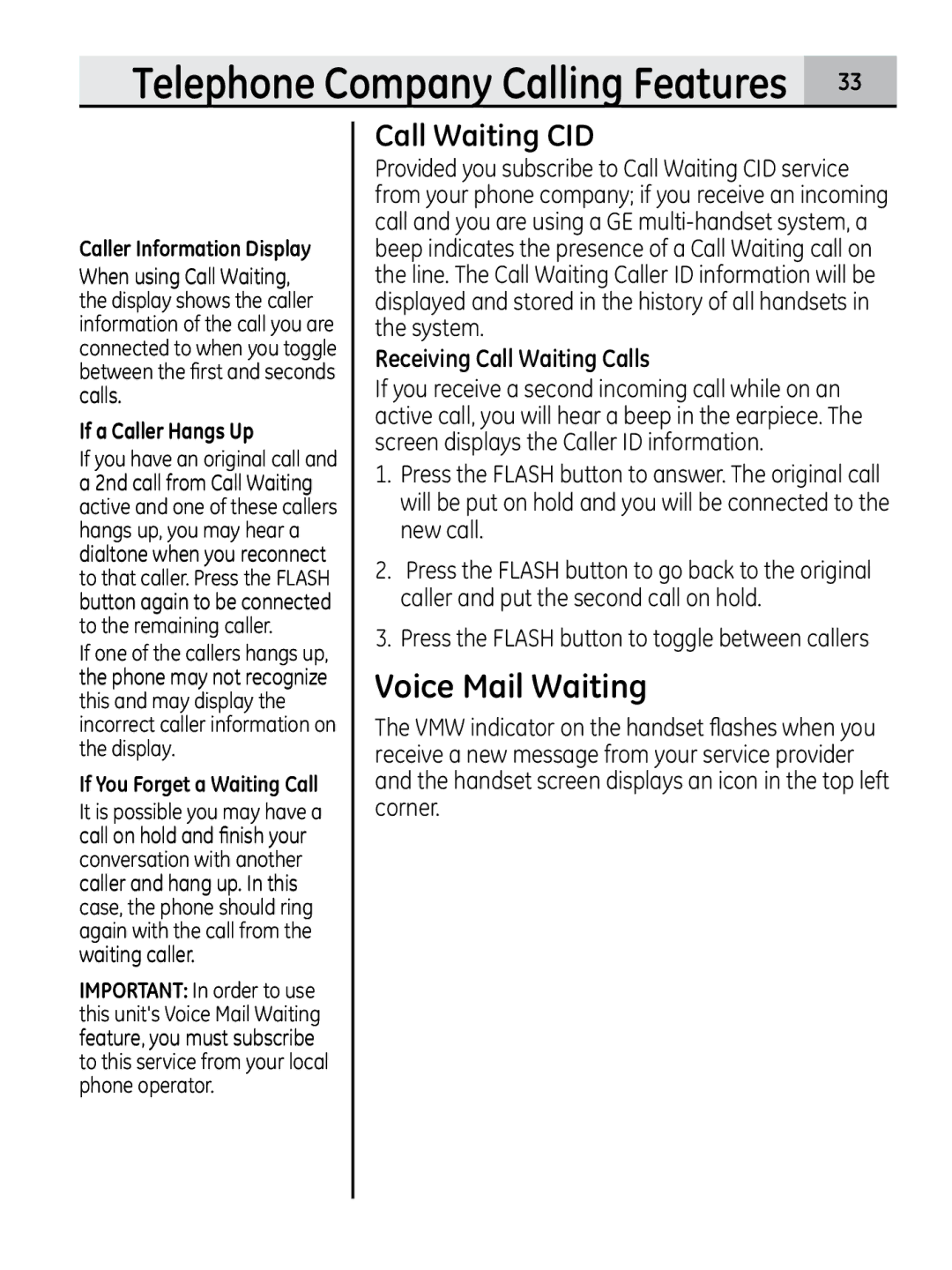 GE 00018937, 28320xx2 manual Voice Mail Waiting, Call Waiting CID, Receiving Call Waiting Calls, Caller Information Display 