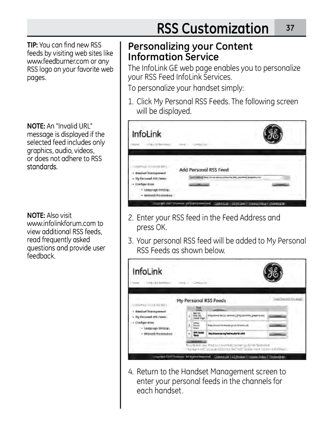 GE 00018937, 28320xx2 manual Personalizing your Content Information Service 