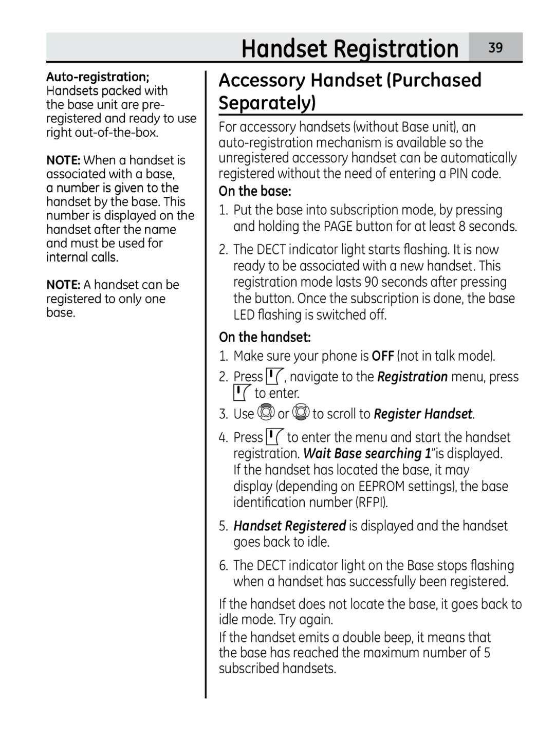 GE 00018937, 28320xx2 manual Handset Registration, Accessory Handset Purchased Separately, On the base, On the handset 