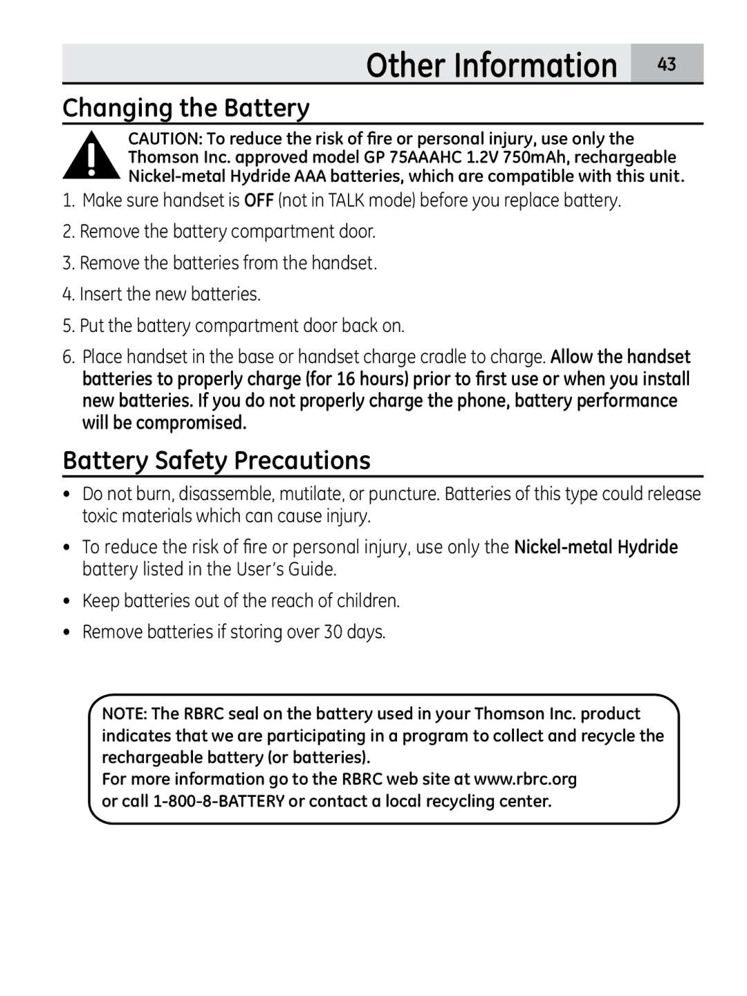 GE 00018937, 28320xx2 manual Other Information, Changing the Battery, Battery Safety Precautions 